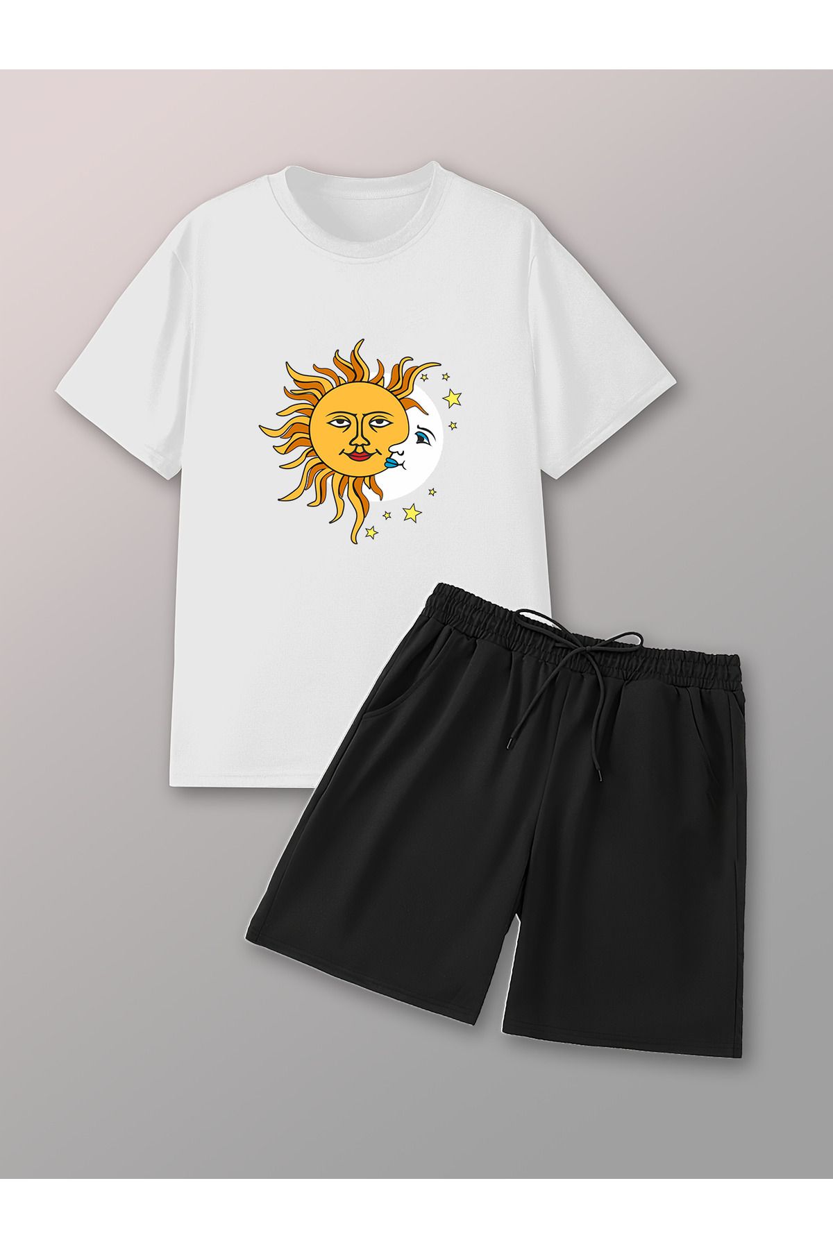 uyguntarz Unisex Güneş Ay Tasarım Basklı Tshirt Şort Takımı