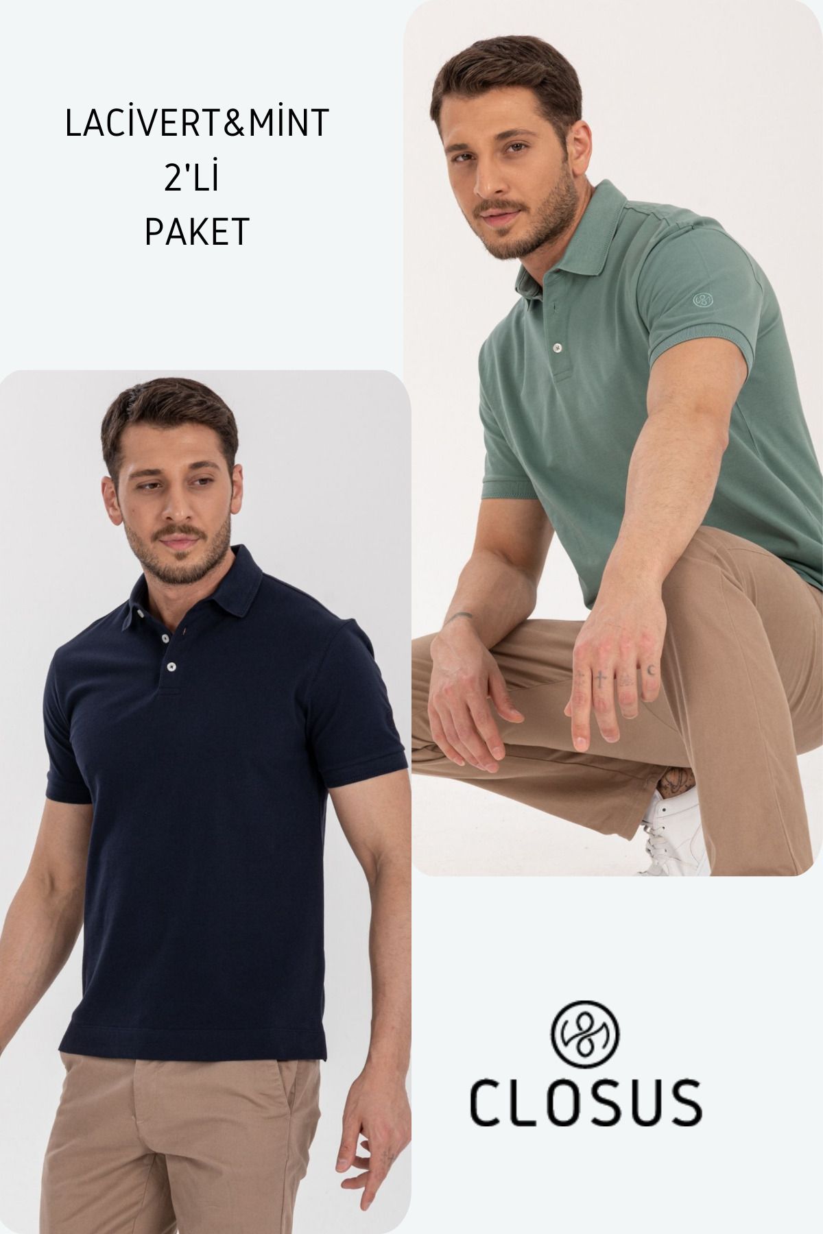 CLOSUS Lacivert / Mint Polo Yaka 2' Li Paket Regular Fit T-shirt