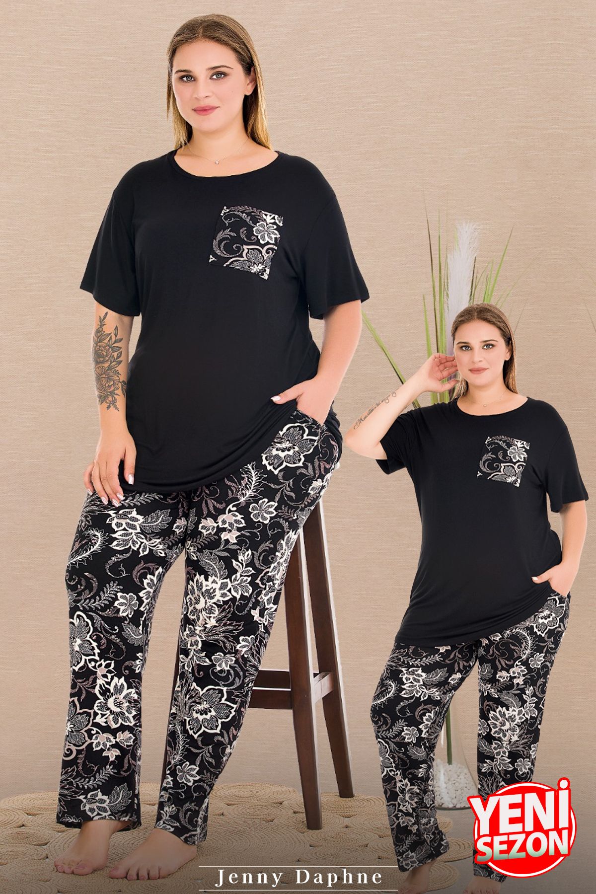 Jenny Daphne Lady Büyük Beden Çiçek Desenli Cepli Pijama Bisiklet Yaka Kısa Kollu Pijama Takımı 11011