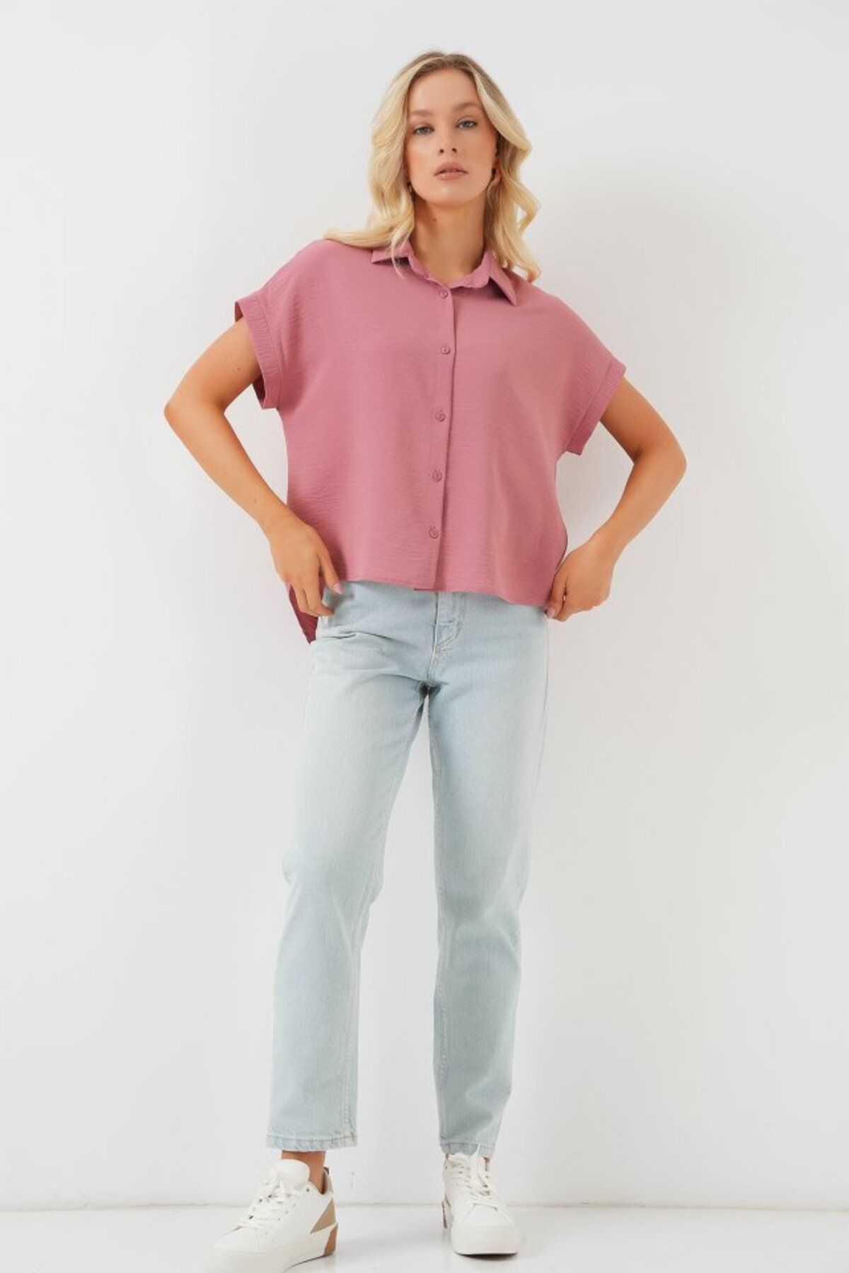 theElitist Oversize Kısa Kol Gömlek 20322 - Pembe
