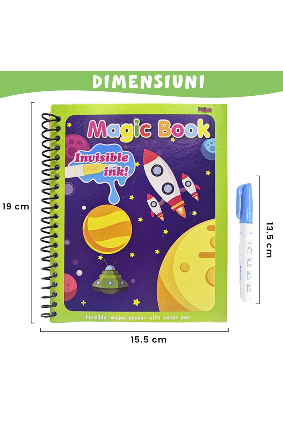 Pitikot-Carte de colorat cu apa Magic Book Pitikot®, Reutilizabila,Racheta si elemente spatiale 2