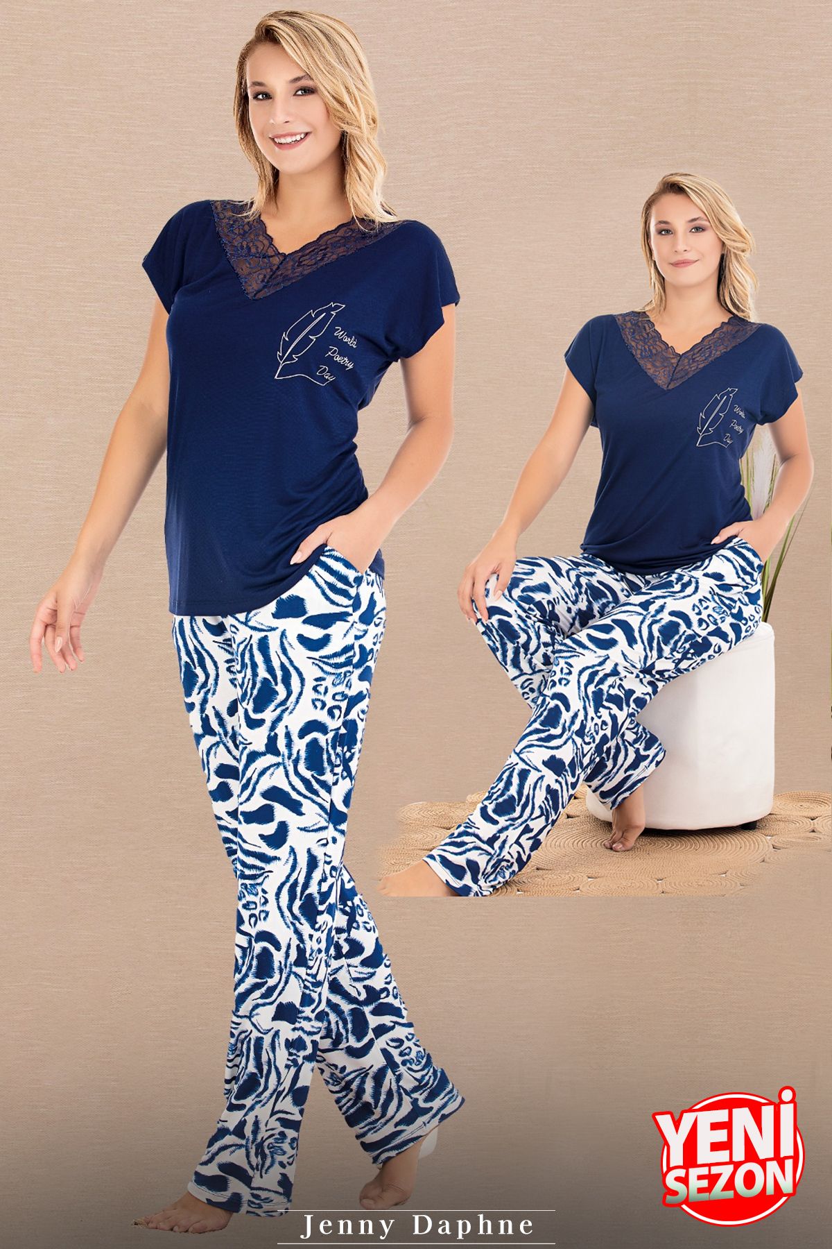 Jenny Daphne Lady Yaprak Desenli Pijama Lacivert Dantelli V Yaka Kısa Kollu Pijama Takımı 12672