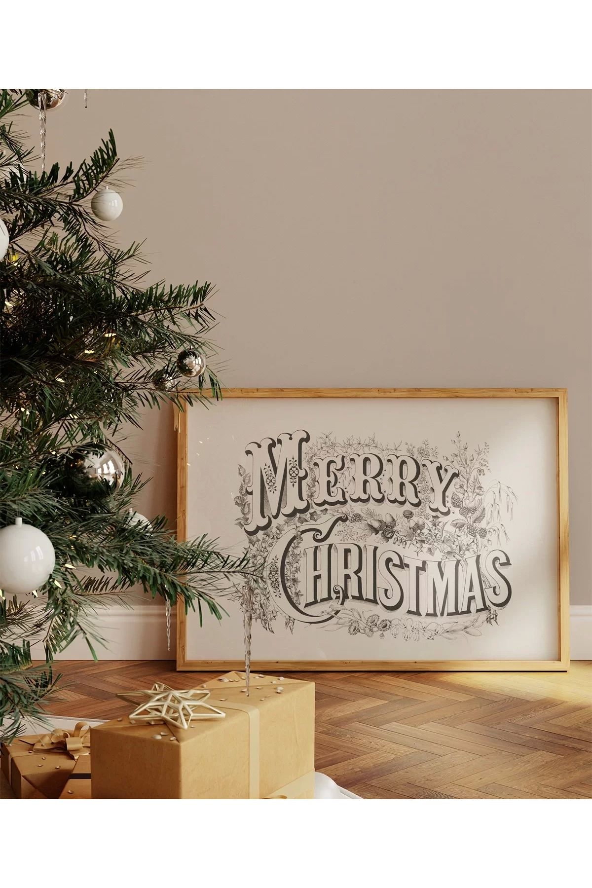 VOGLOO Çerçevesiz Poster Merry Christmas Vintage Tipografi