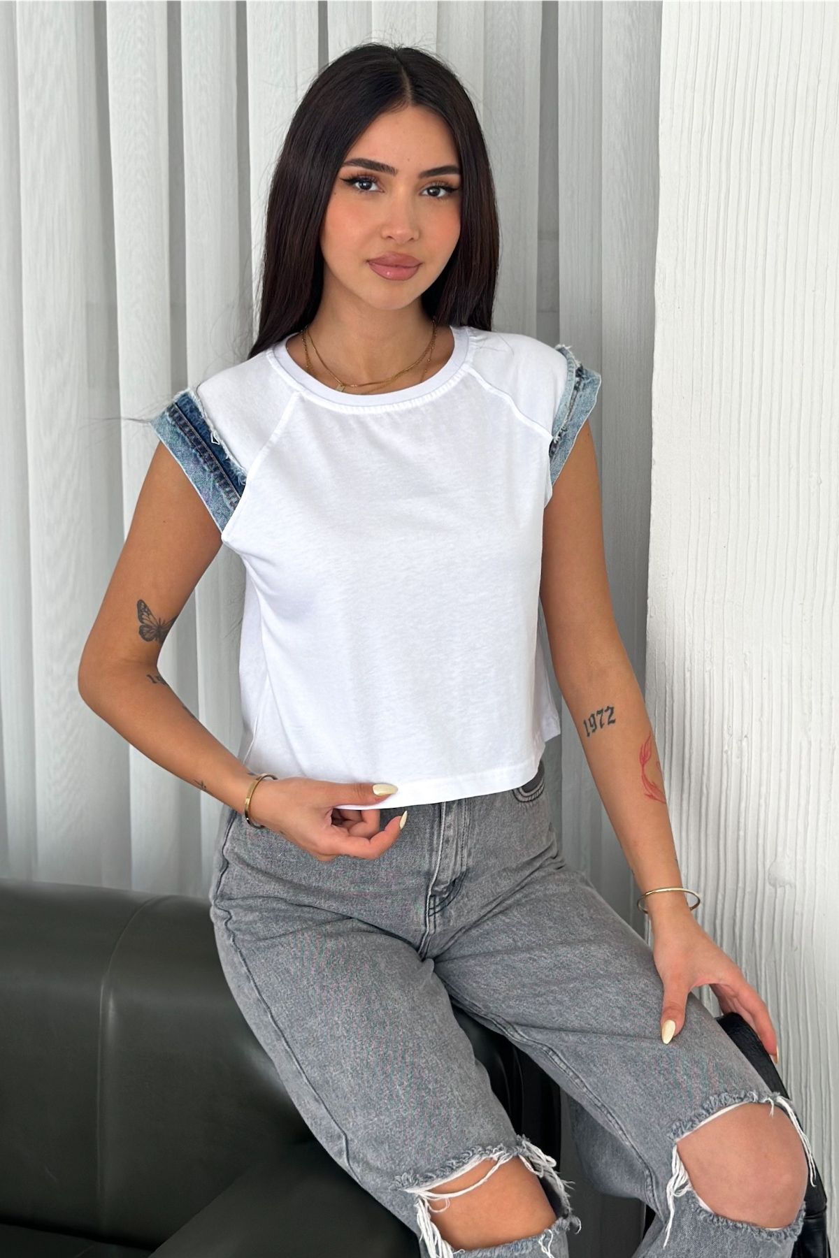 FEMELLE Kadın Beyaz Kolsuz Kot Detaylı %100 Pamuk T-shirt