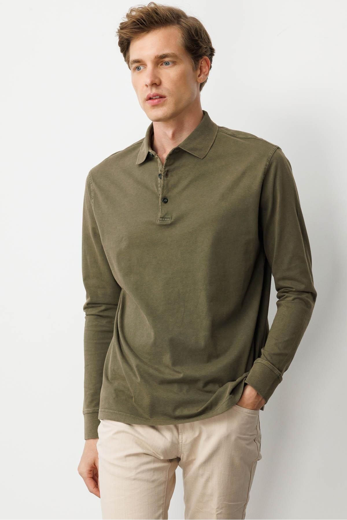 Desen Triko Erkek Polo Yaka Uzun Kollu Sweatshirt Haki