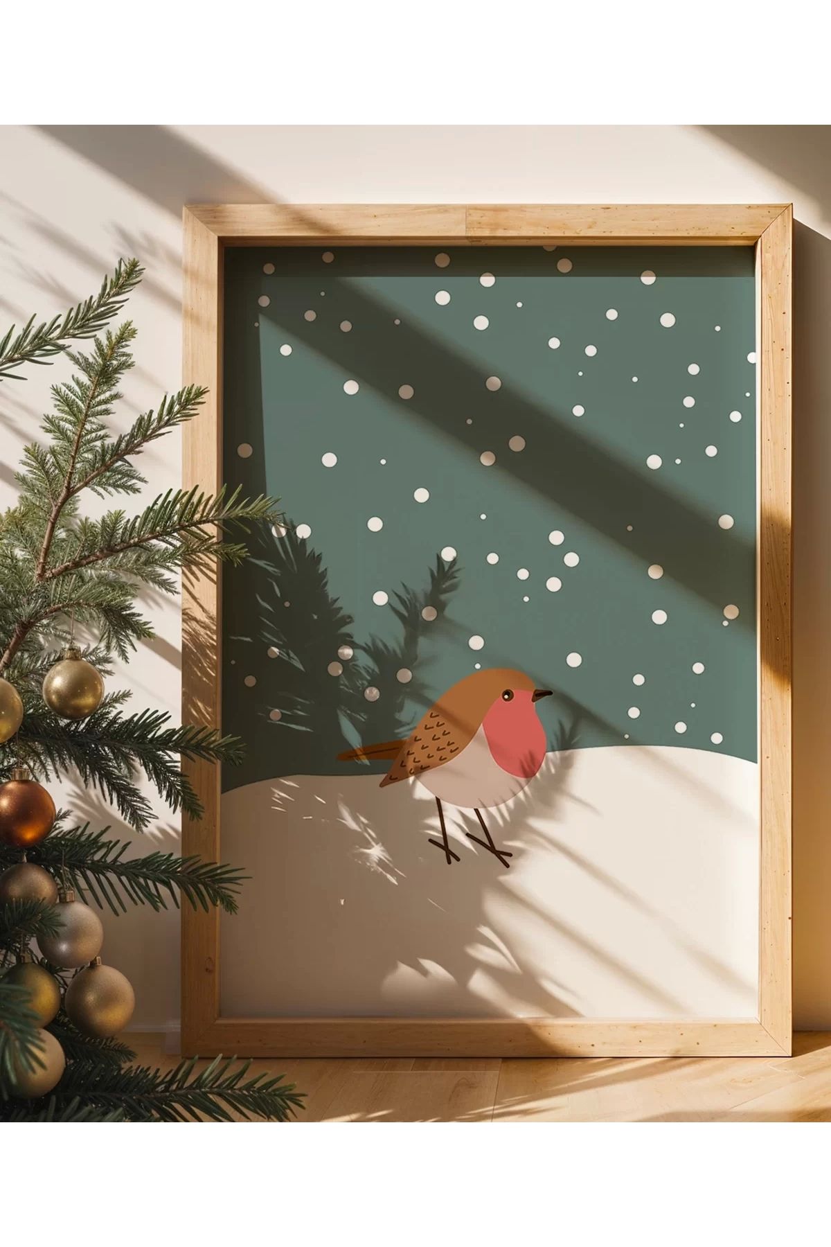 VOGLOO Çerçevesiz Poster Kış Temalı Robin Kuşu