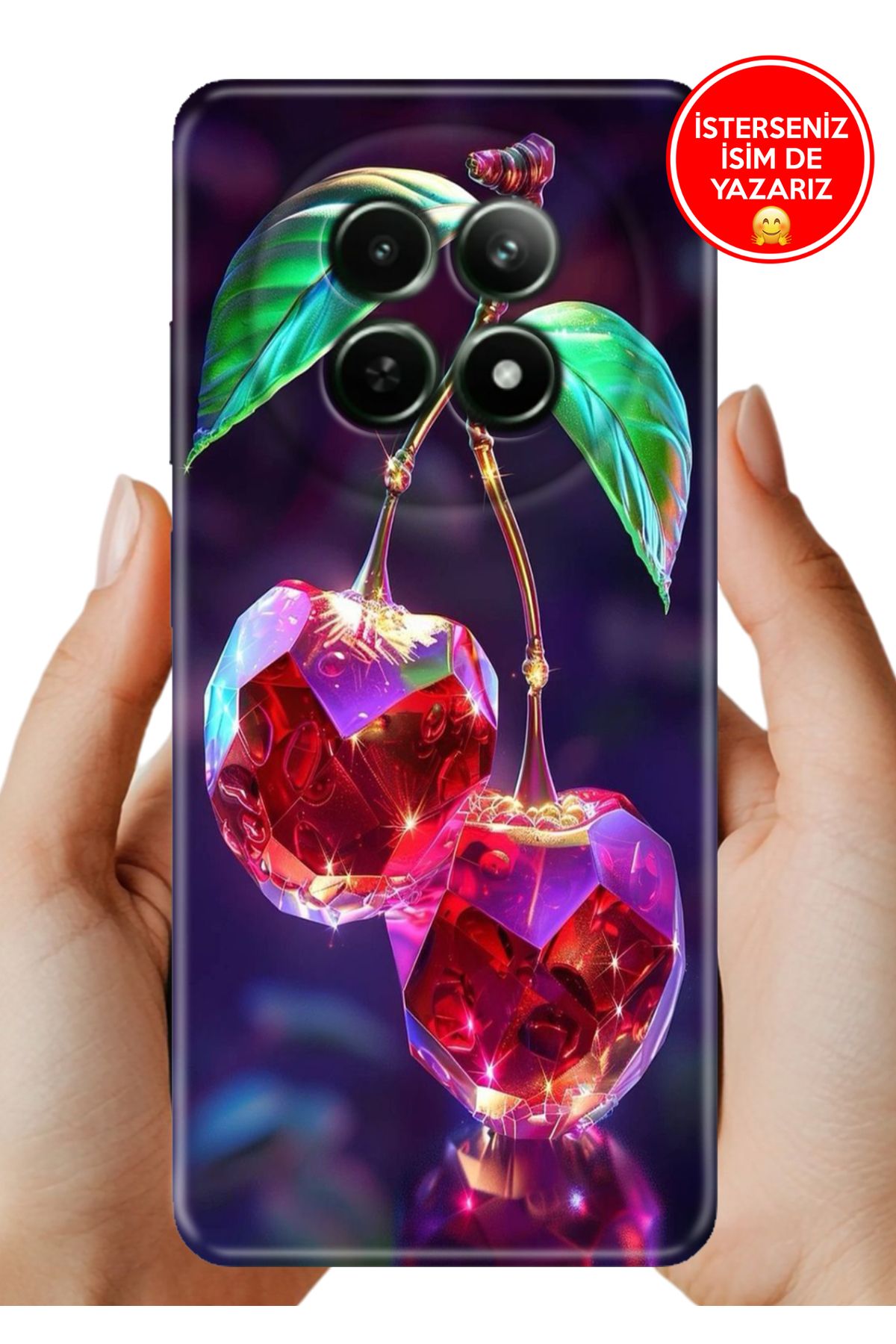 realme 12+ Plus Kılıf Kamera Korumalı Full Desen Arka Silikon Kristal Kiraz