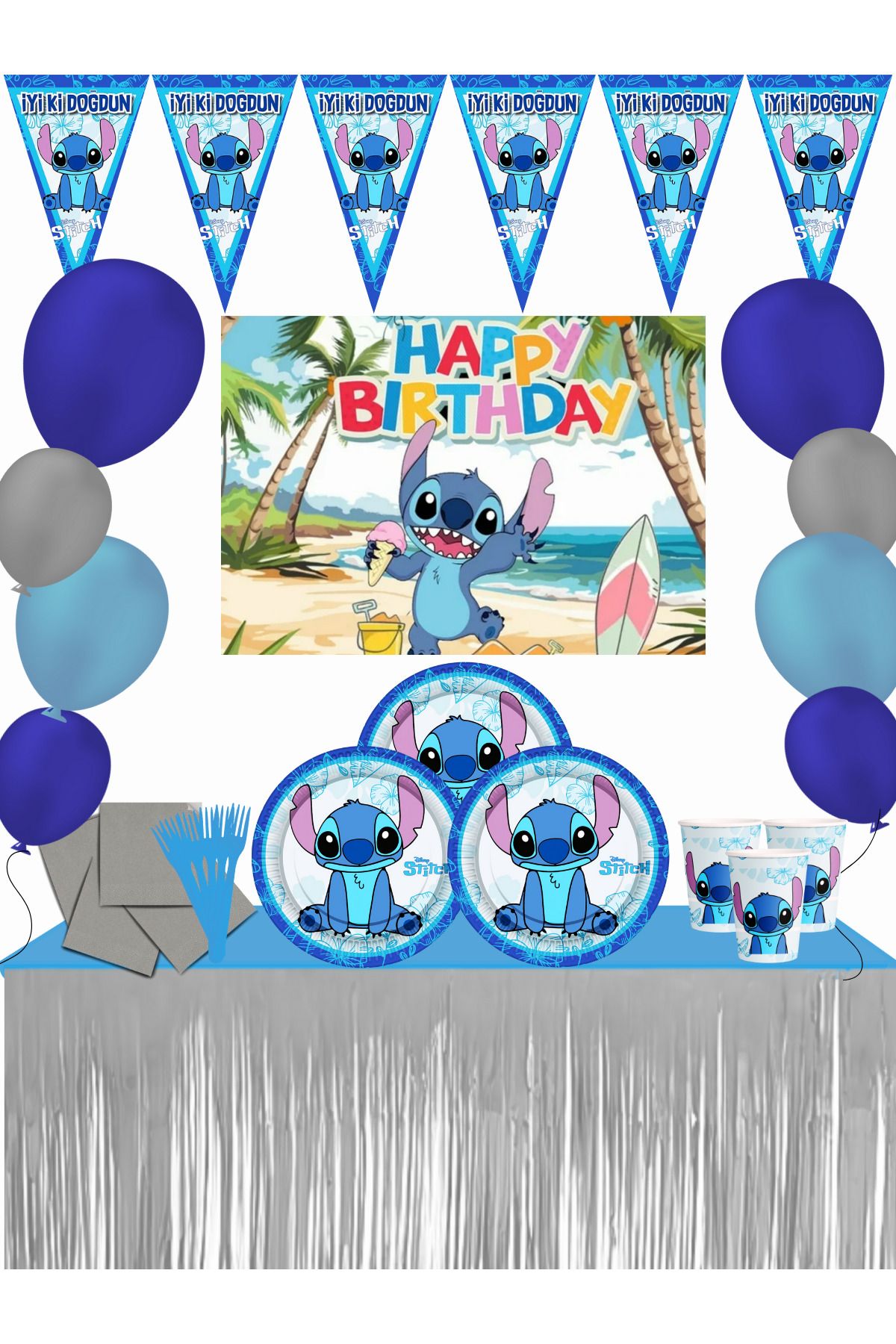 snowparty Stitch Lilo ve Stiç Afişli Metalize Masa Etekli Doğum Günü Parti Süsleri Seti
