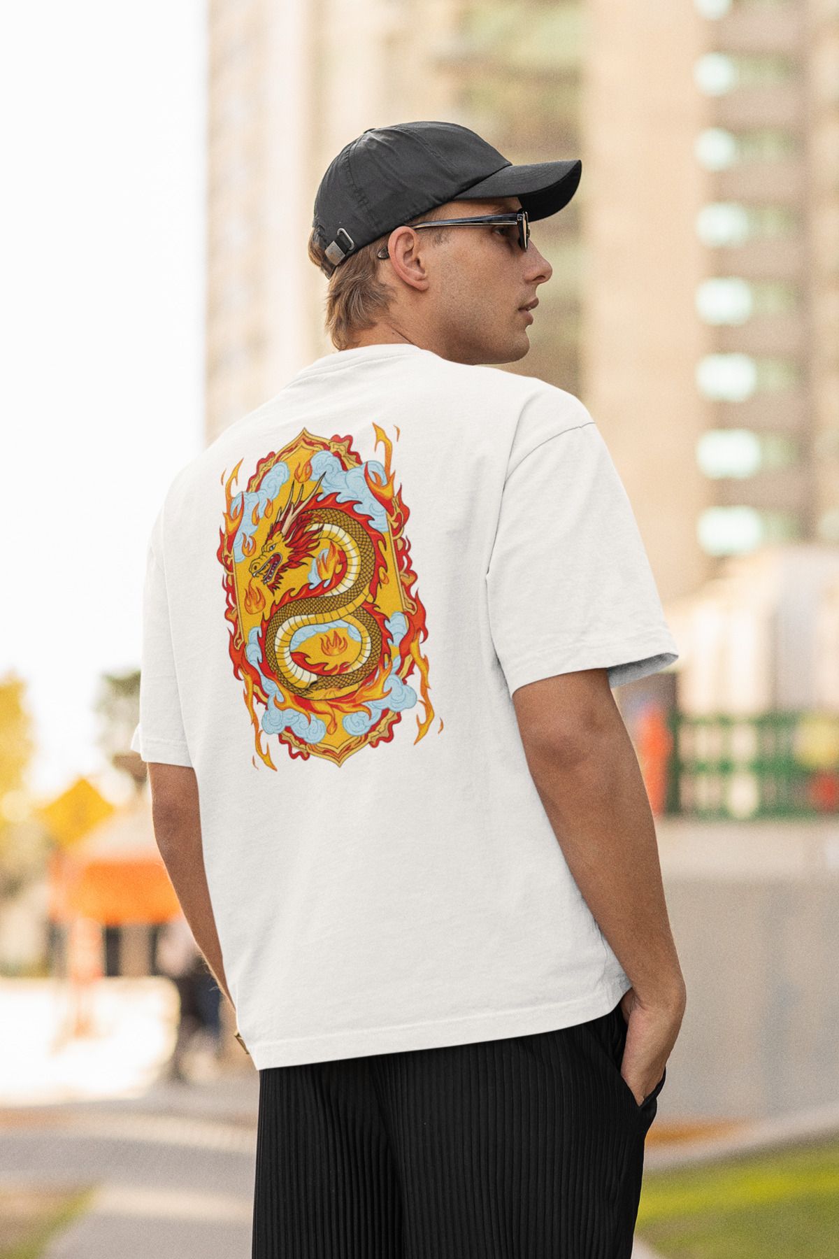 Lyonis Erkek Oversize Ejderha Baskılı Bisiklet Yaka Penye T-Shirt
