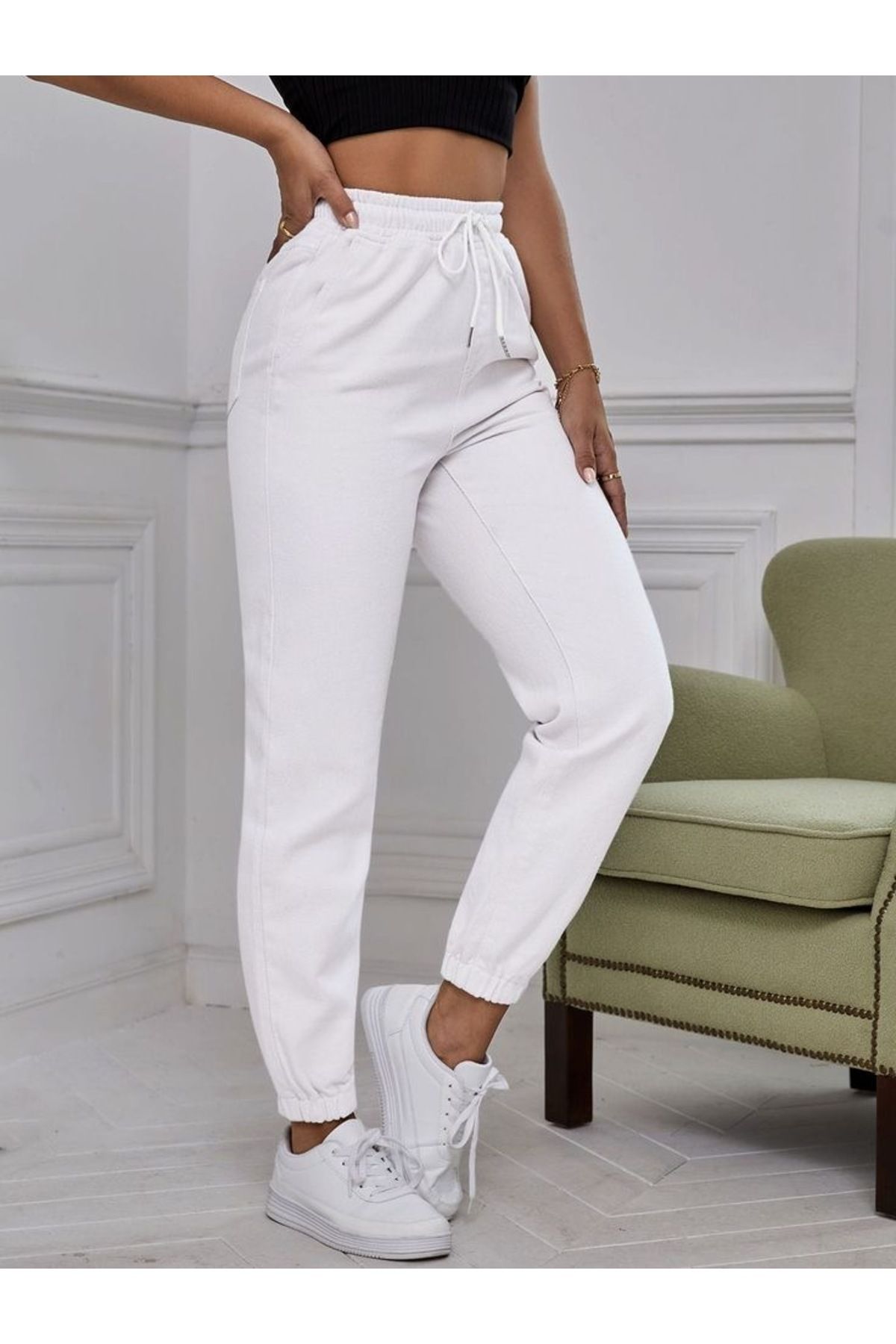UYN SPORT Beli Lastikli Beyaz Unisex Eşofman Altı