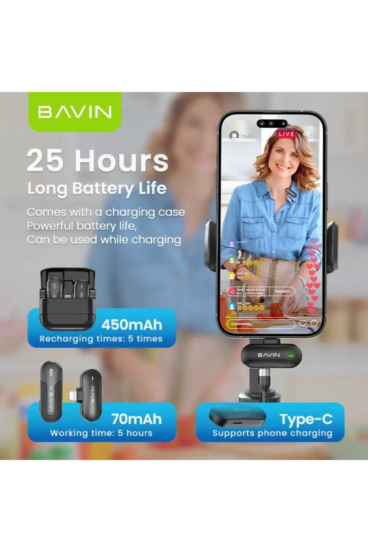 Bavin-Dual Wireless Lavalier Microphone for Audio and Video Recording Compatible with iPhone Black 5