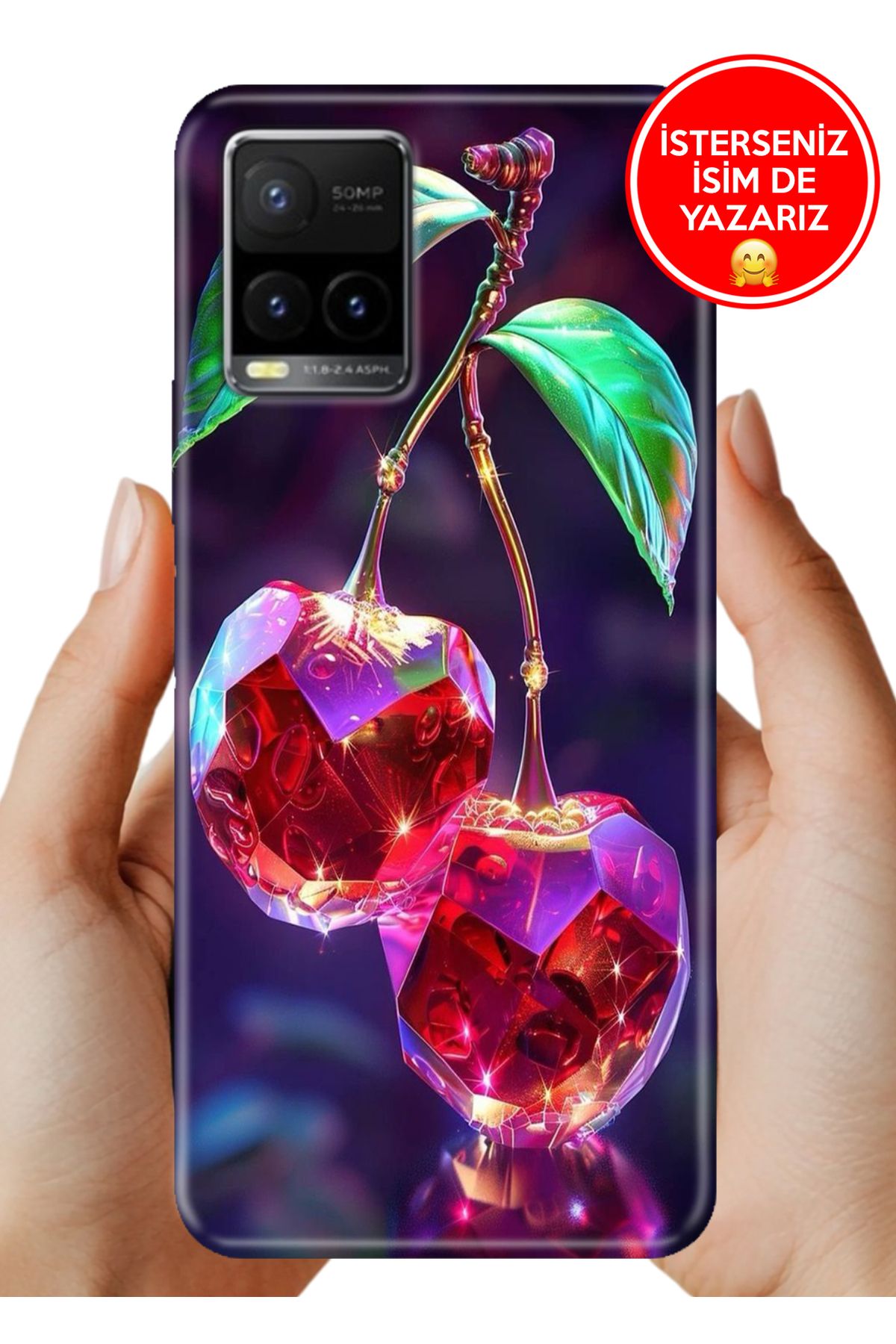 Cekuonline Vivo Y32 / Y33S Uyumlu Kılıf Kamera Korumalı Full Desen Arka Silikon Kristal Kiraz