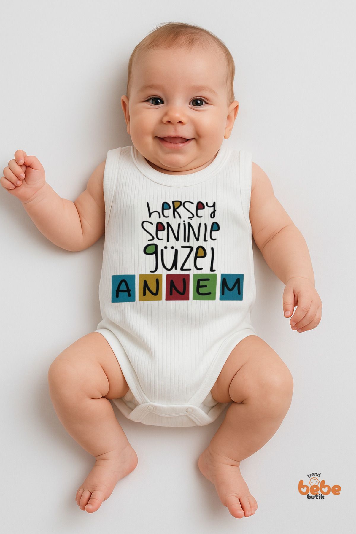 Trend Bebe Butik Her Şey Annemle Güzel Yazılı Bebek Çıtçıtlı Zıbın Body | 6-36 Ay | %100 Pamuk Yazlık Atlet Tulum