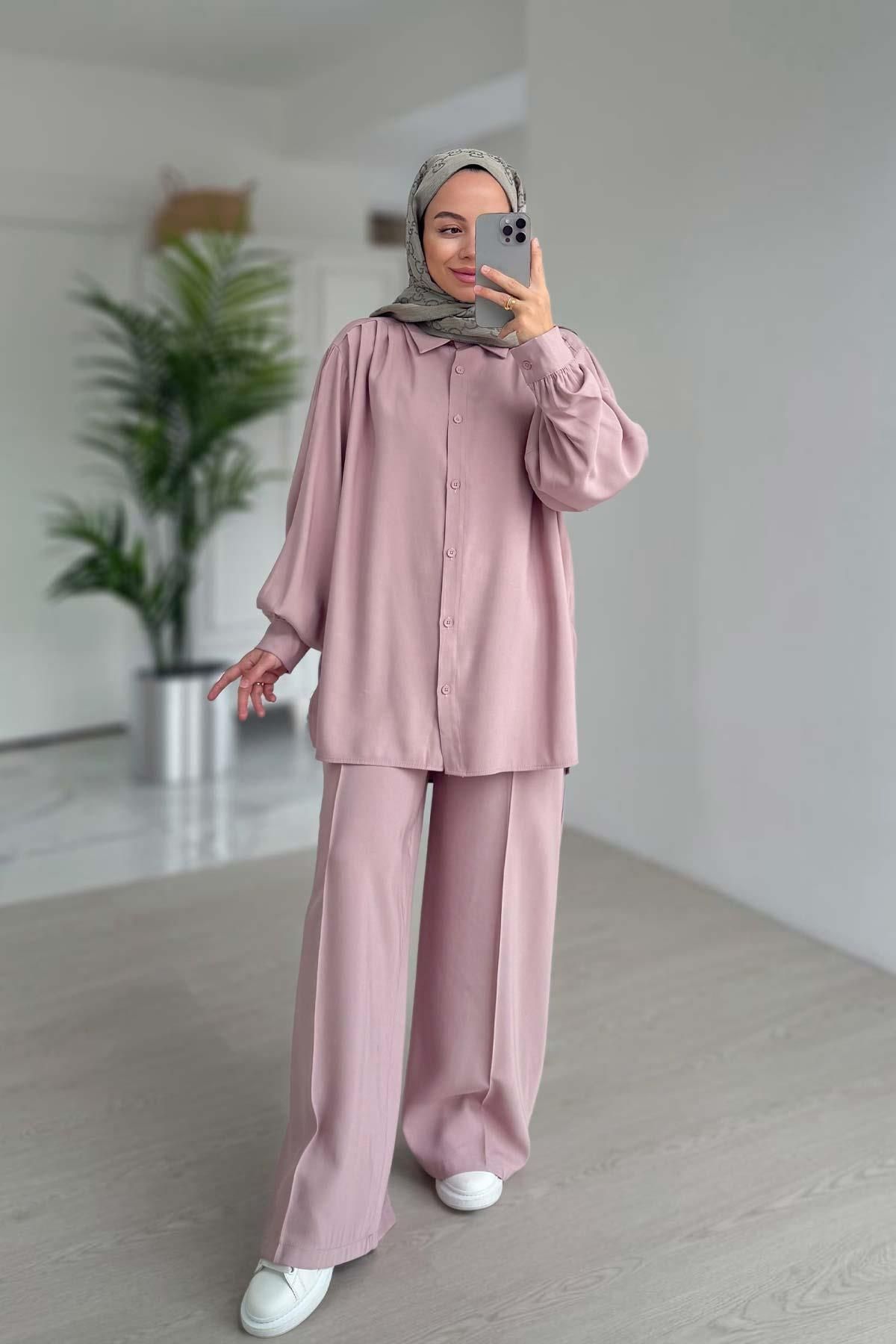 Ka Hijab Pile Detaylı İkili Takım - Pembe