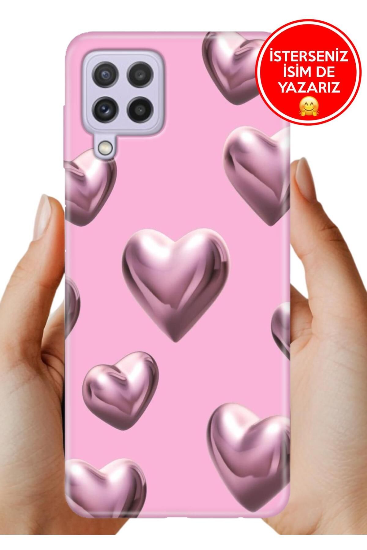 Cekuonline Samsung A22 Kılıf Desenli İsimli / İsimsiz Silikon Platin Kalp