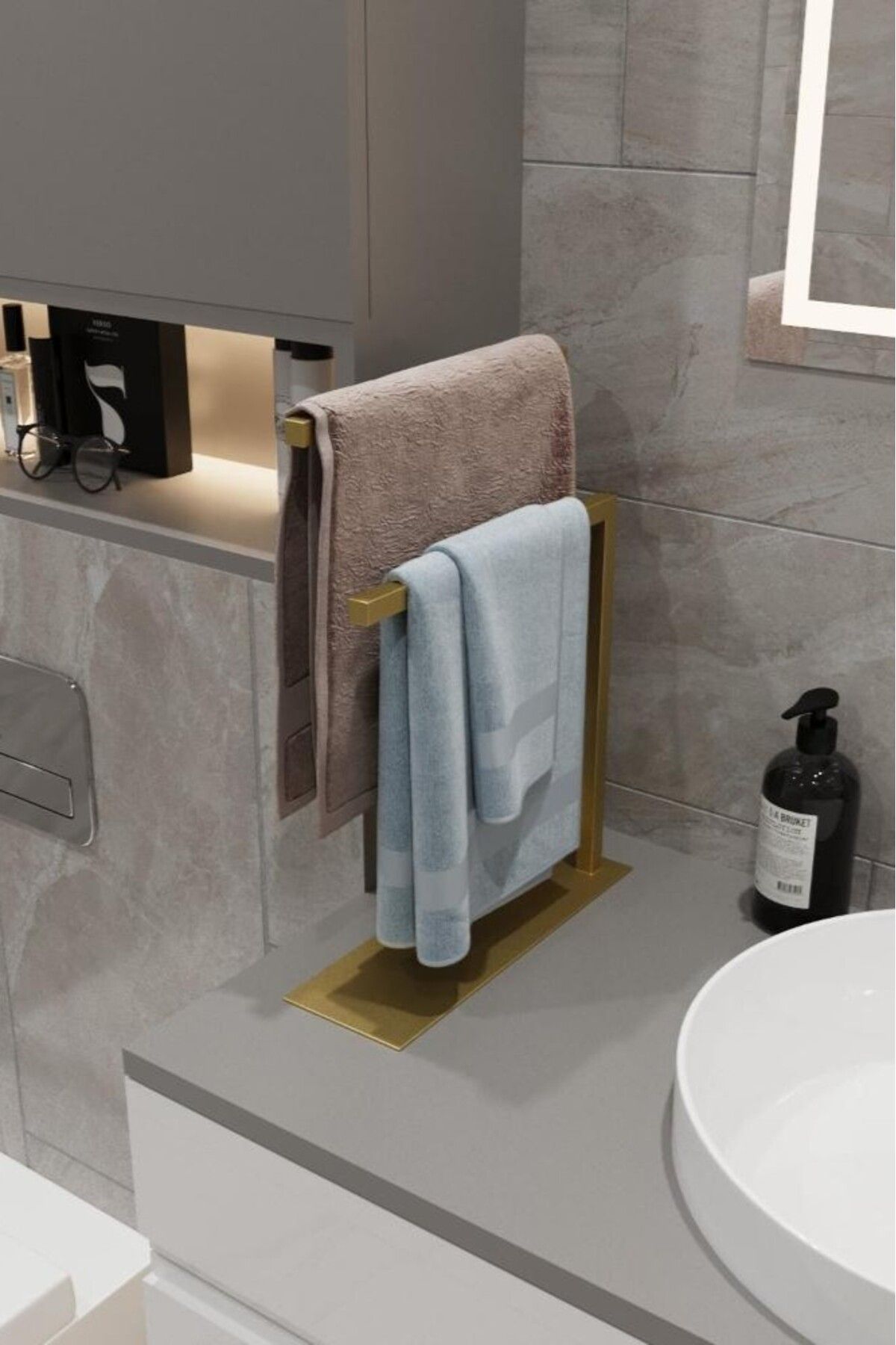 Grandmix Modern Metal Havlu Askısı Tezgah Üstü Havlu Asacağı Minimalist İkili Havluluk Banyo Toparlayıcı