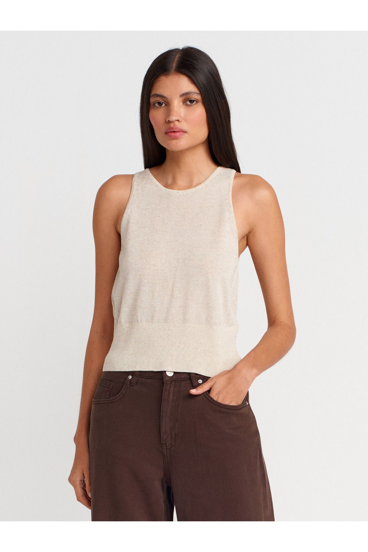 Dilvin 10766 Bisiklet Yaka İnce Triko Bluz-Natural