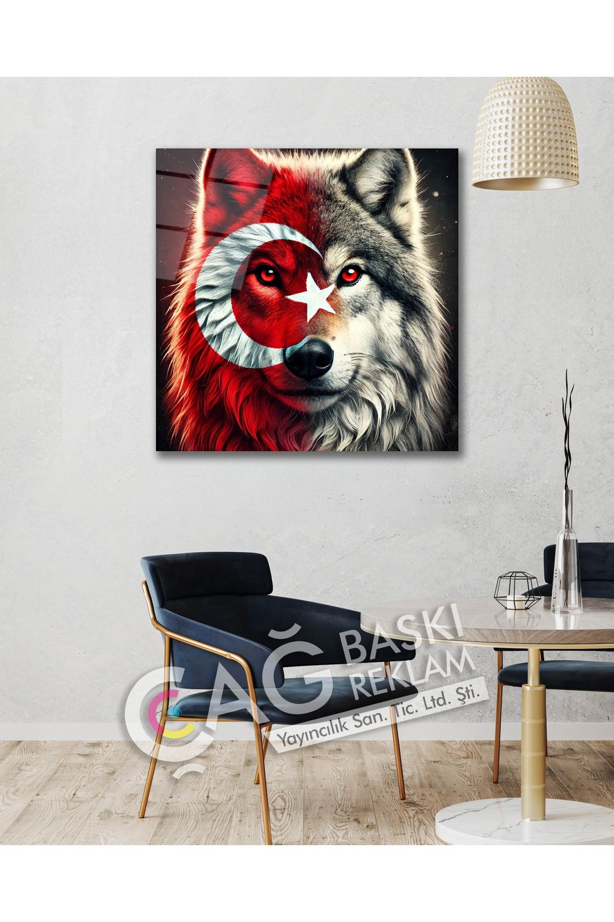 Çağ Baskı Bozkurt Kurt Ayyıldız Bayrak Cam Tablo Modern Ev Ofis Oda Salon Duvar Dekoru Hediyelik