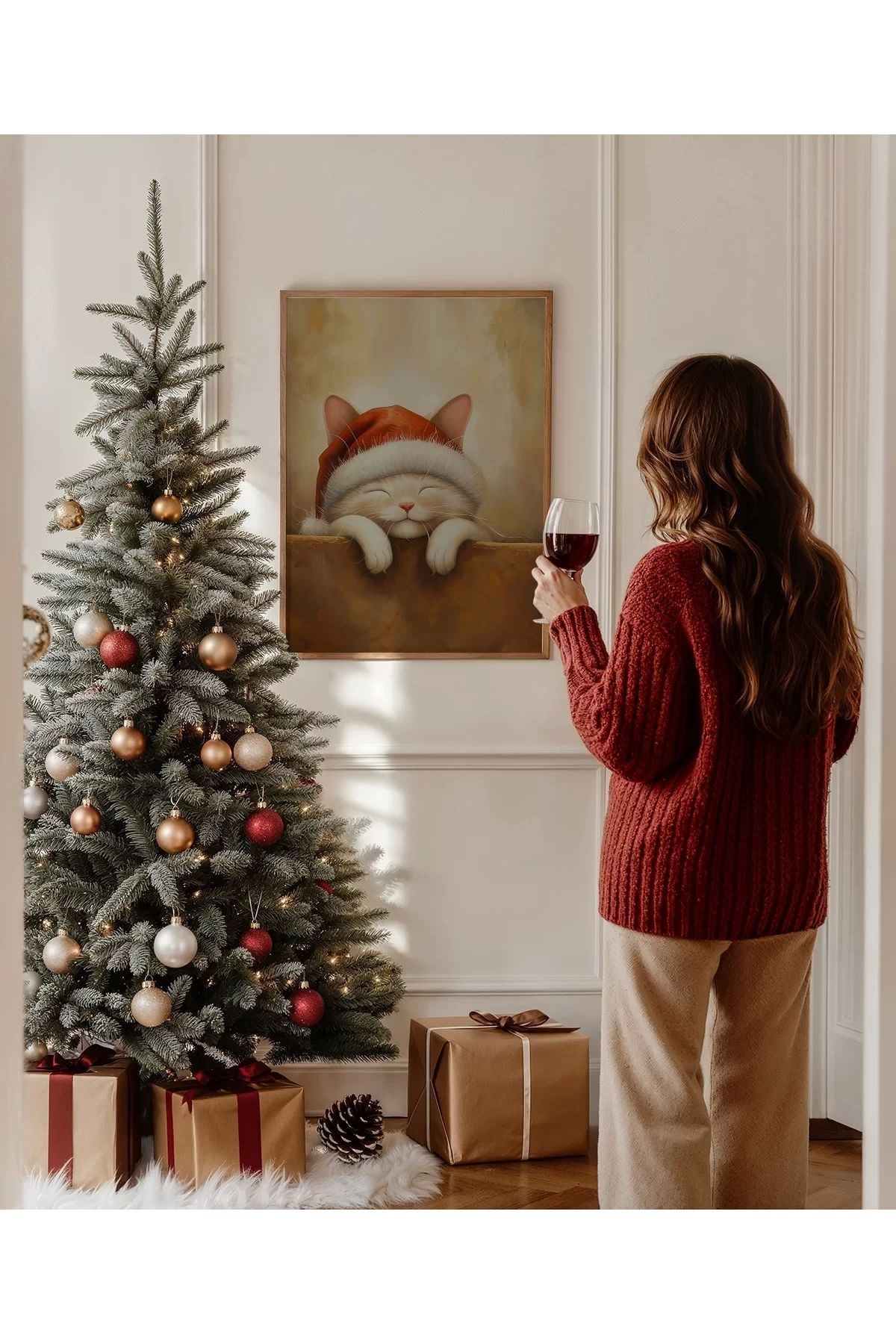 VOGLOO Çerçevesiz Poster Noel Şapkasıyla Mutlu Kedi