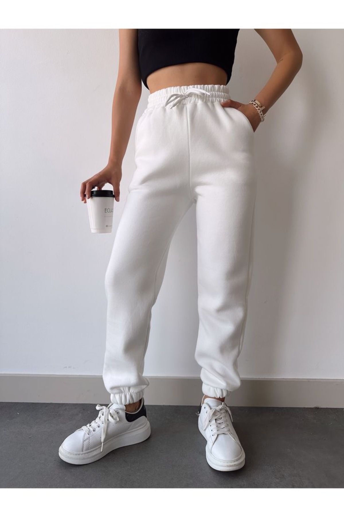 UYN SPORT Beyaz Beli Lastikli Jogger Paça Eşofman Altı