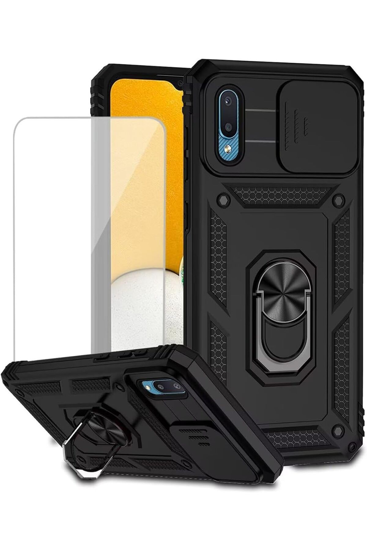 Rivor Samsung Galaxy A02 Kılıf Kamera Sürgülü Standlı Yüzüklü Darbe Emici Zırhlı Koruyucu Tank Kapak