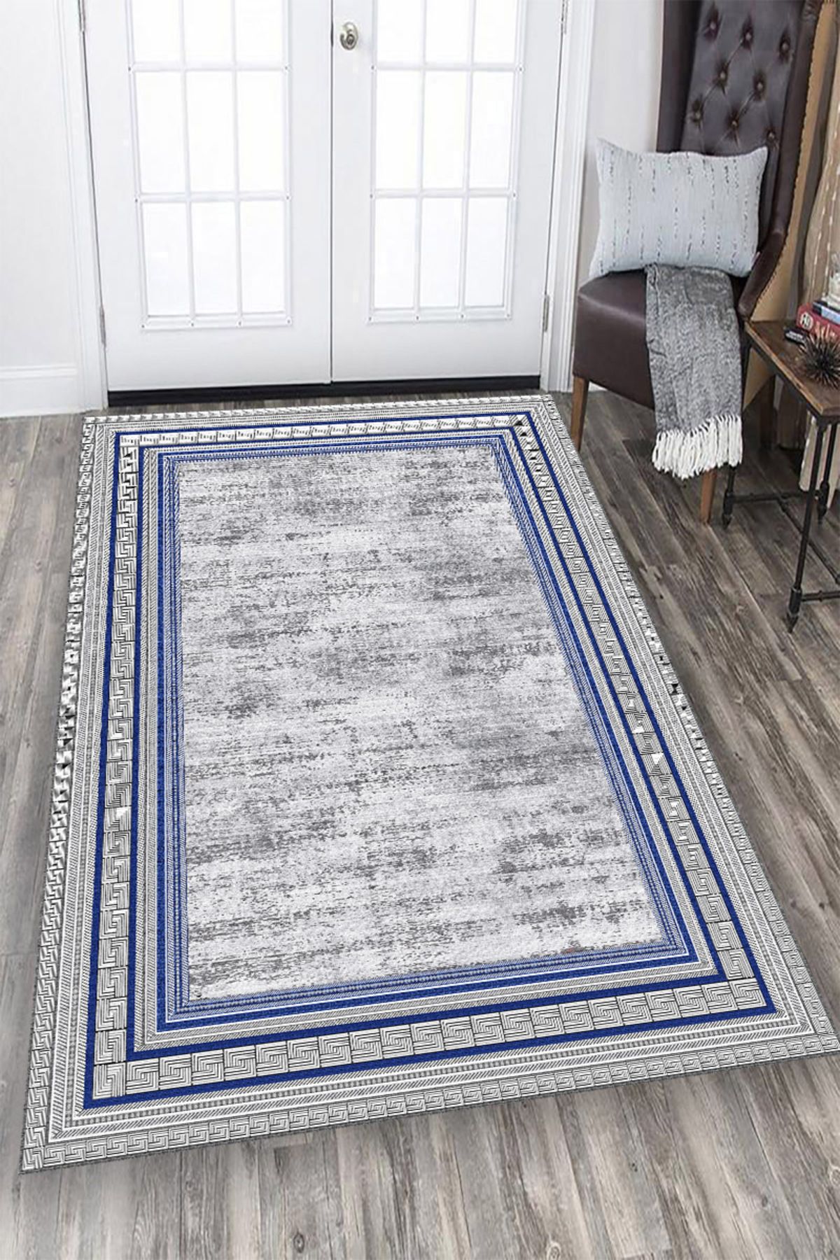 MODANOİVA Makinede Yıkanabilir Kaymaz Taban Leke Tutmaz Mavi Şerit Desenli Salon ve Yolluk Halısı
