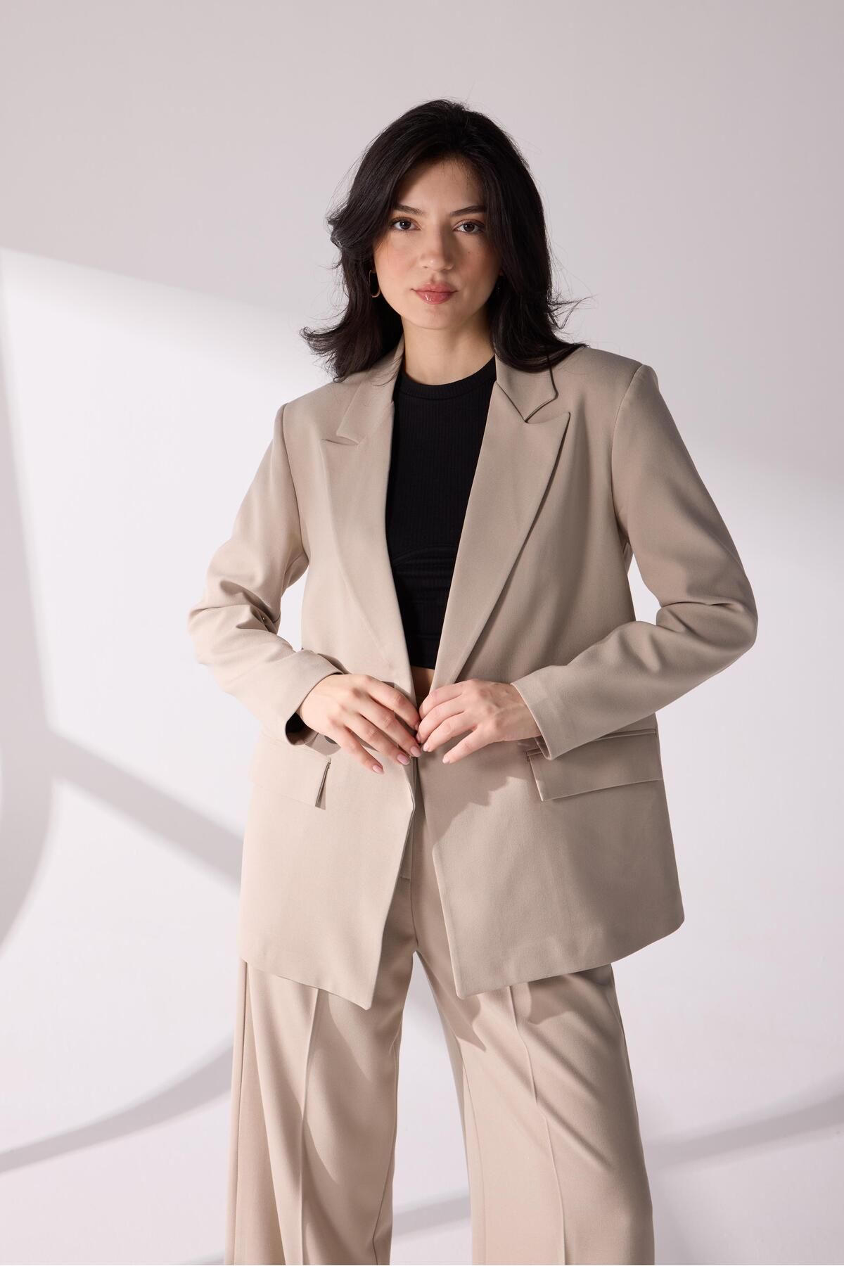 KASSEL Kruvaze Blazer takım Bej