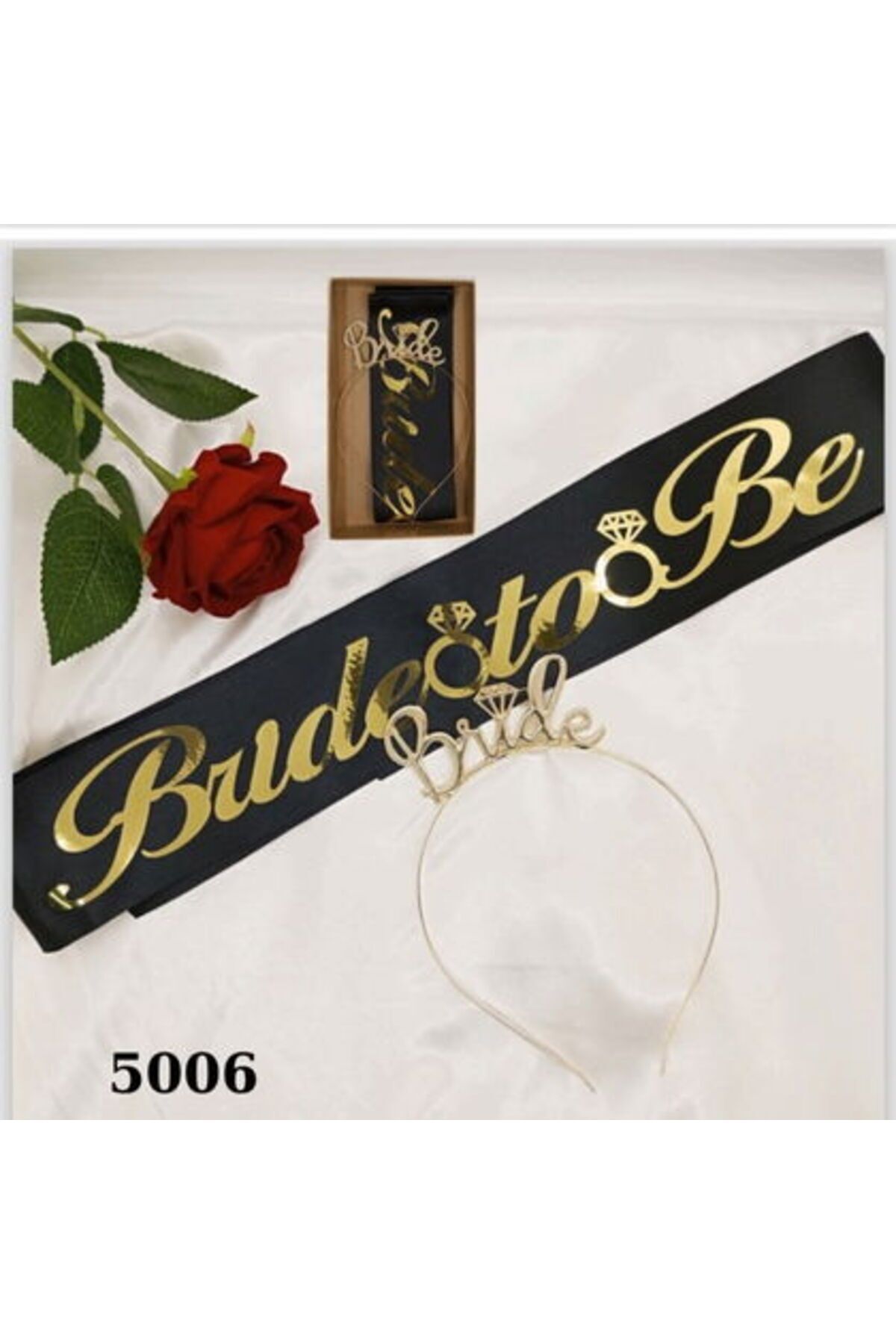 DOĞA PARTİ EVİ METAL TAÇ KUŞAK SET BRIDE TO BE SİYAH GOLD
