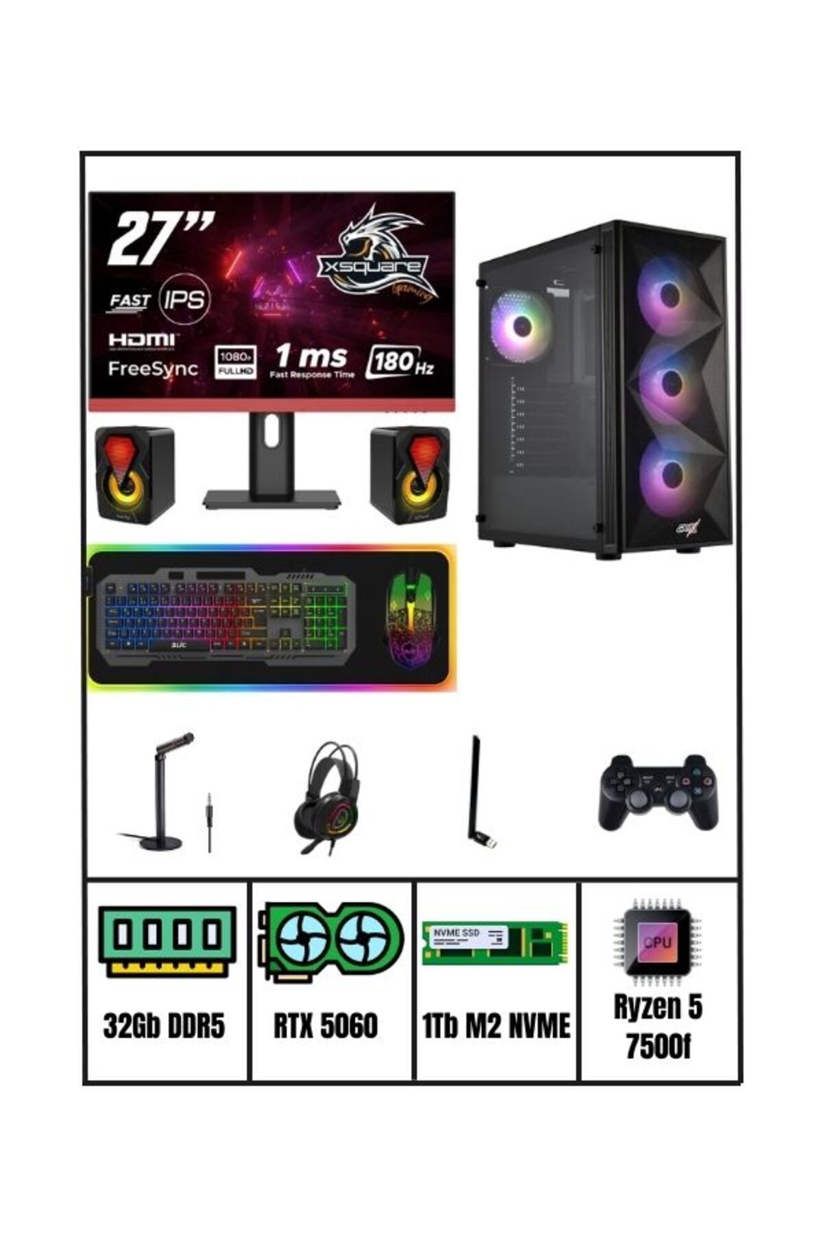 RAMTECH RMT2205 Ryzen 5 7500f 32Gb Ram 1Tb M2 Nvme Rtx 5060 27'' 180Hz Full Set Gaming Bilgisayar