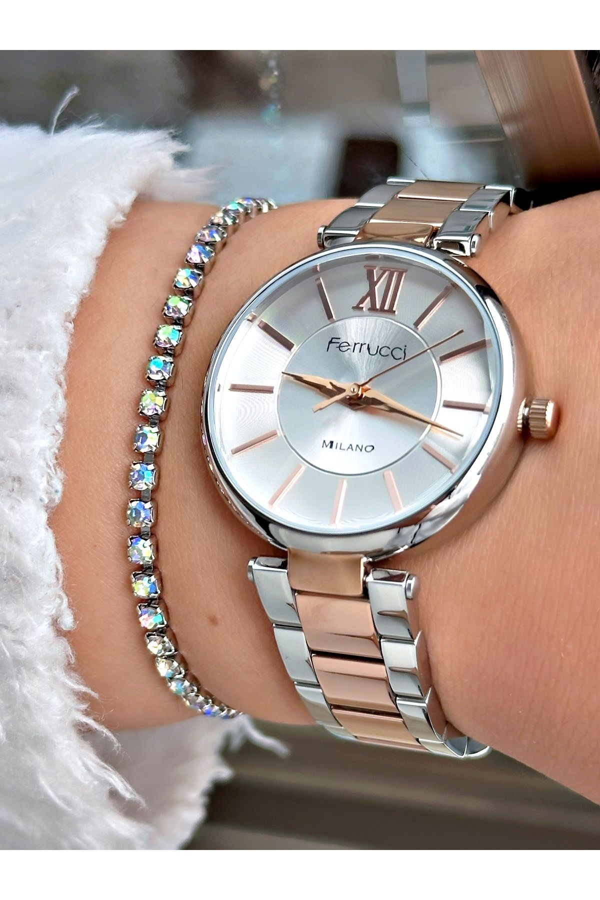 Ferrucci Rose Gold Gümüş Renk Kesme Cam Garantili Çelik Kordon Kadın Kol Saati + BİLEKLİK