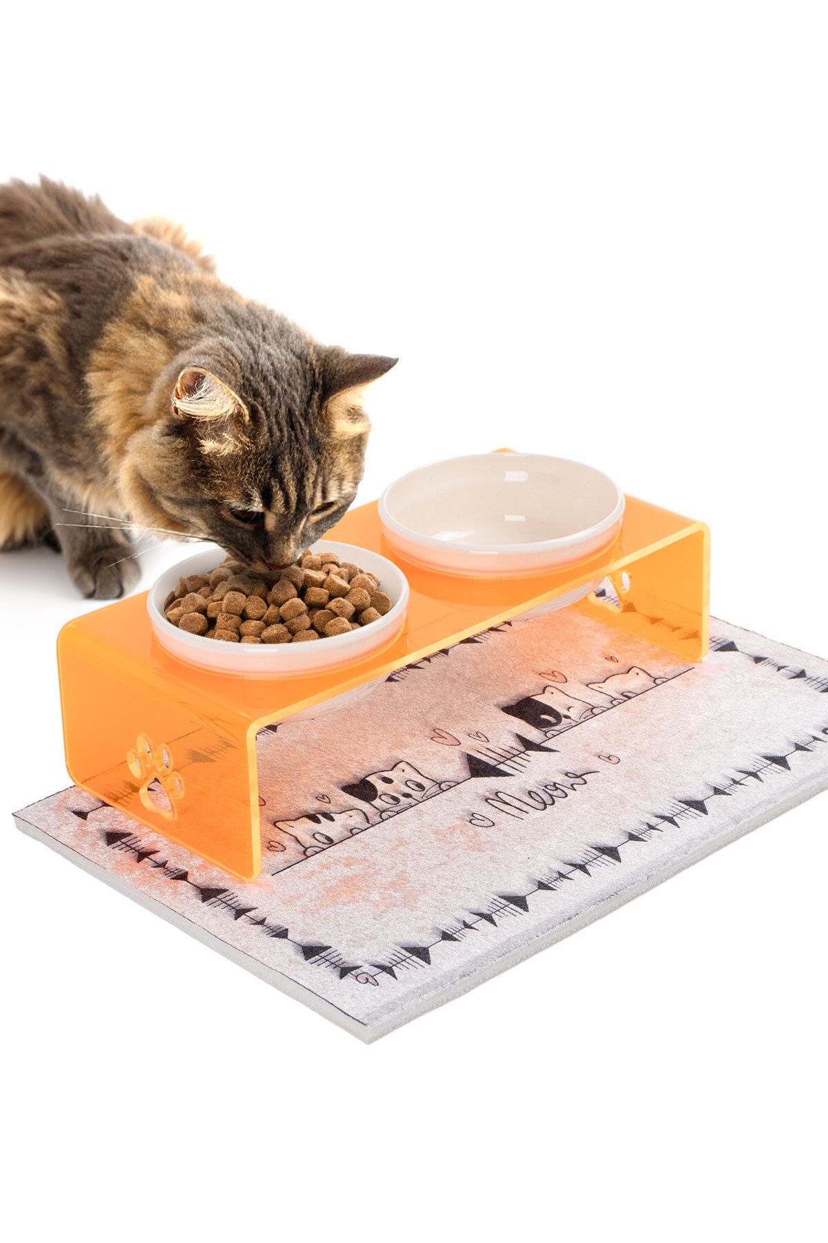 GOBYPET 2'li Turuncu Pleksi Dekoratif Kedi Ve Köpek Seramik Mama & Su Kabı Paspas Hediye
