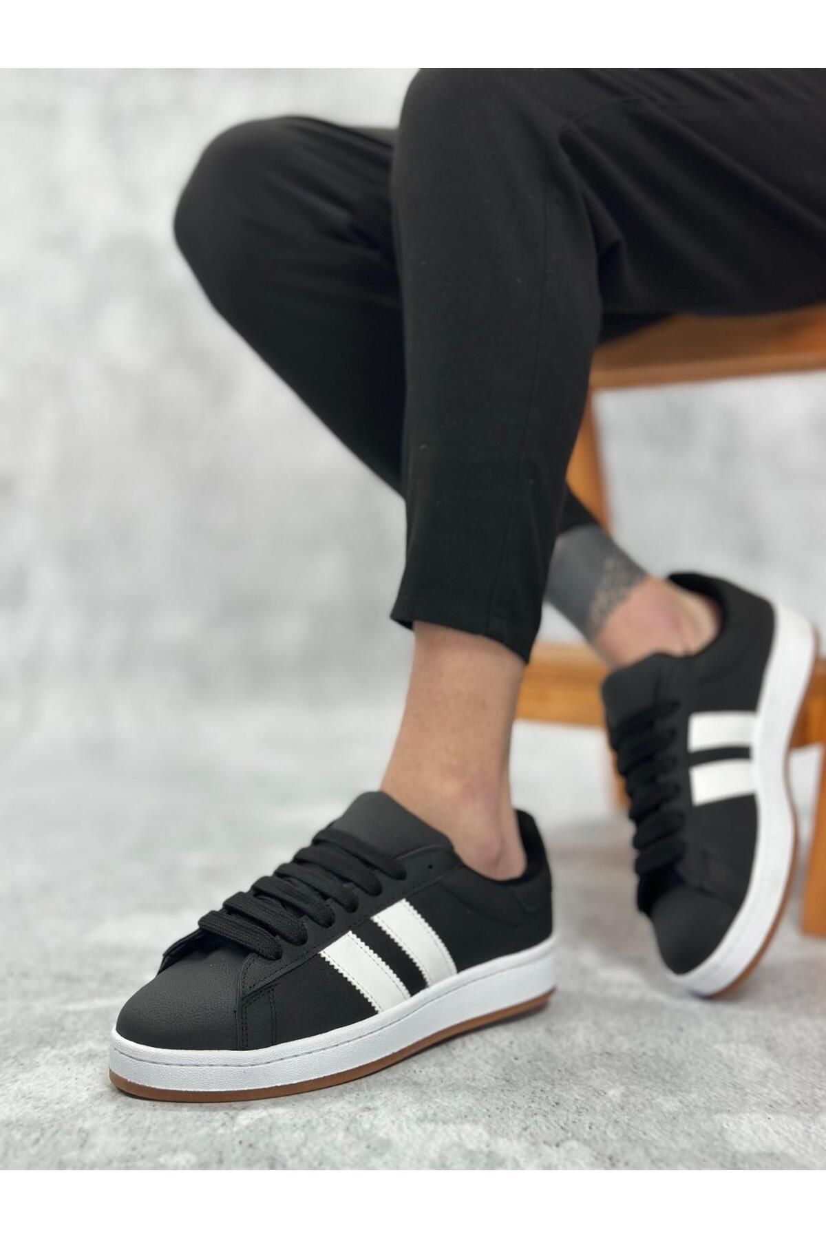 Byshoes BA0235 BOA İki Çizgili Siyah Cilt Erkek Günlük Ayakkabı