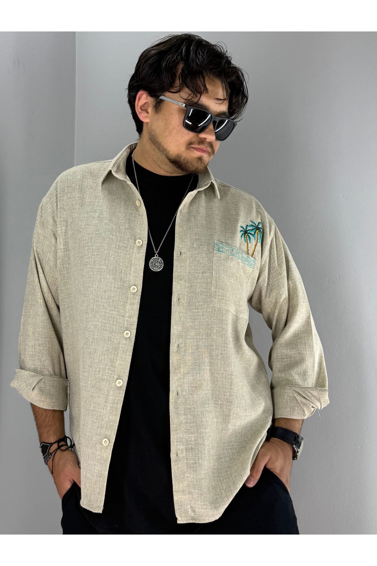 MARESHAL Cep Nakışlı Pamuk Keten Oversize Gömlek (Beyaz)