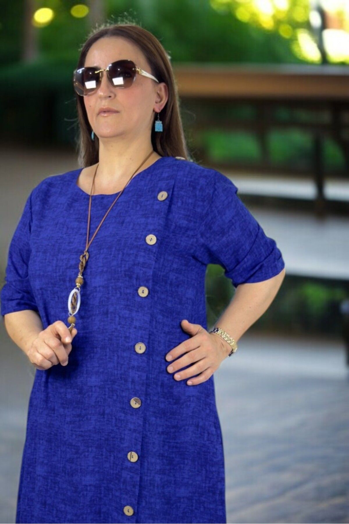 yagmurberen-Side Boydan Wood Button Detail Brieve Sleeve with Pocket Intermediate Length Plus Size Cotton Viscose Dress 5