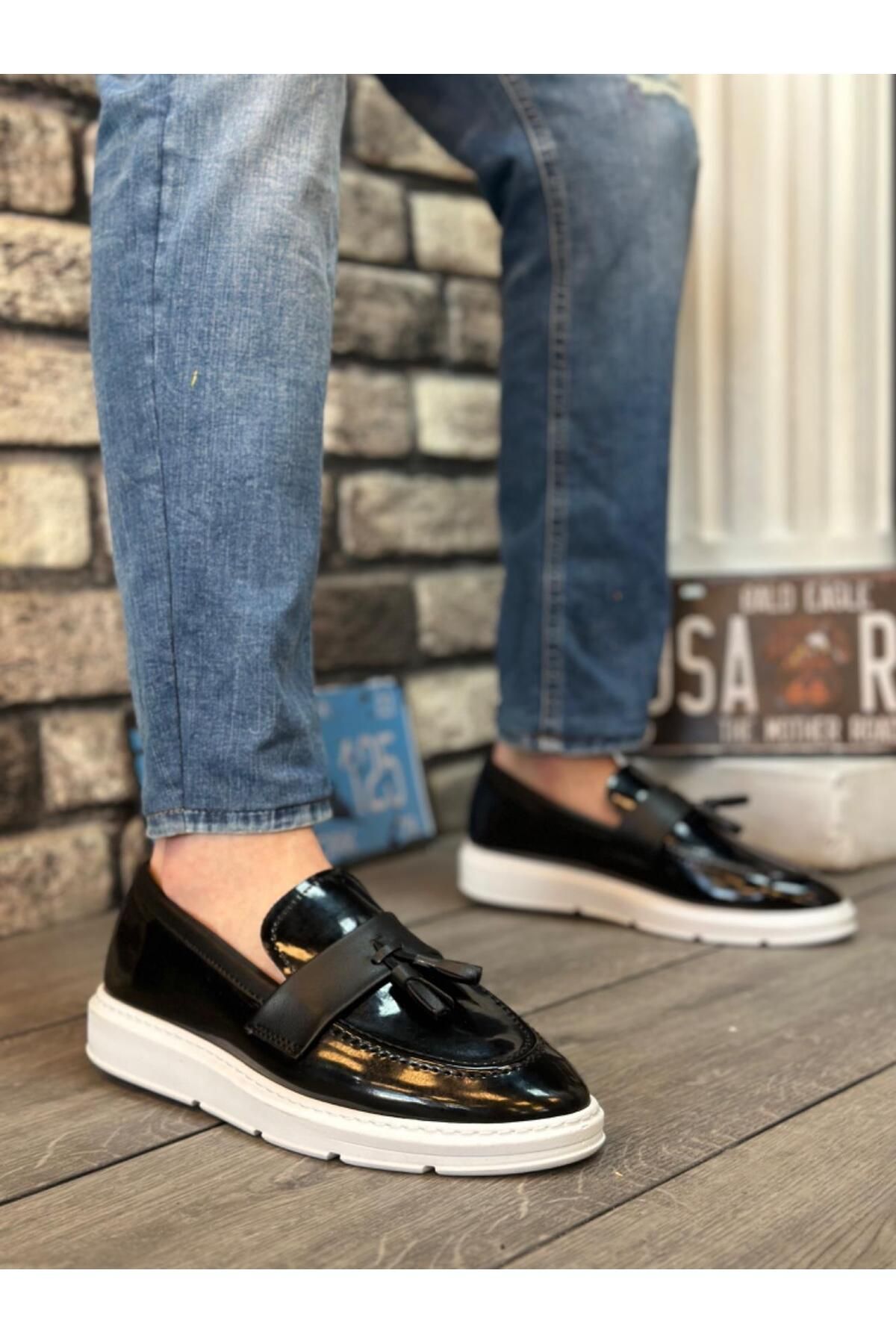 Byshoes BA0005 Bağcıksız Yüksek Beyaz Taban Klasik Rugan Püsküllü Corcik Erkek Ayakkabı