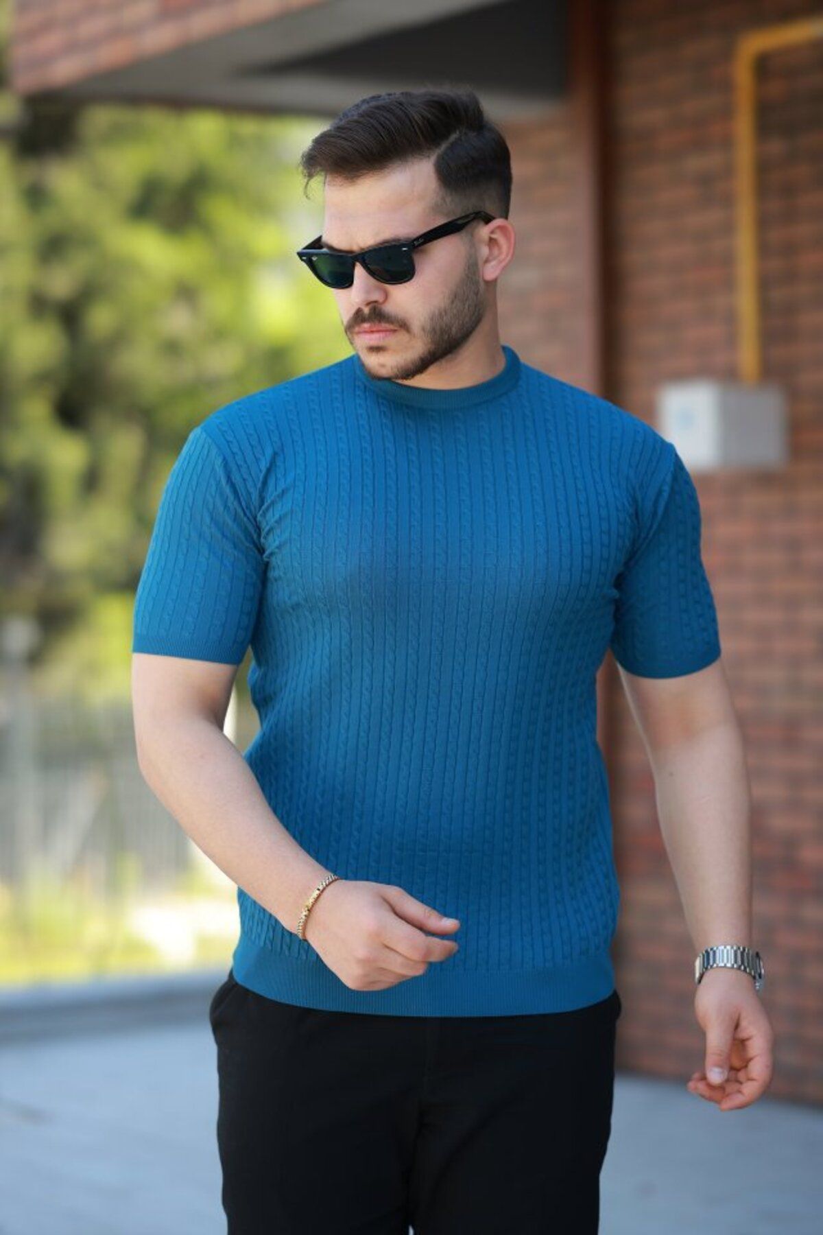Gökyüzü Moda Erkek Bisiklet Yaka örgü Desenli Kısa örme Triko Kısa Kollu T-shirt