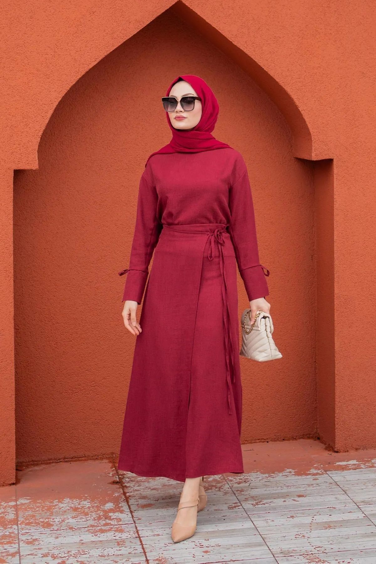 Trendy Butik Kadın Trendy Butik Anvelop Bağlamalı Etek Bluz Takım-Bordo