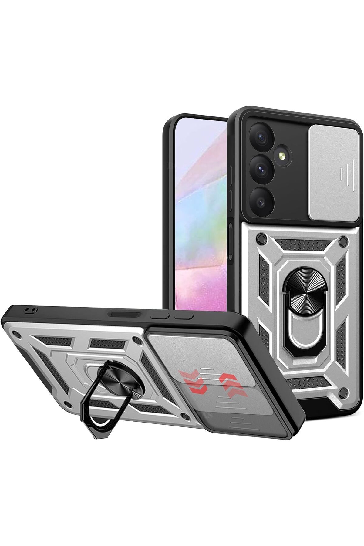 Rivor Samsung Galaxy A05S Kılıf Kamera Sürgülü Standlı Yüzüklü Darbe Emici Zırhlı Koruyucu Tank Kapak