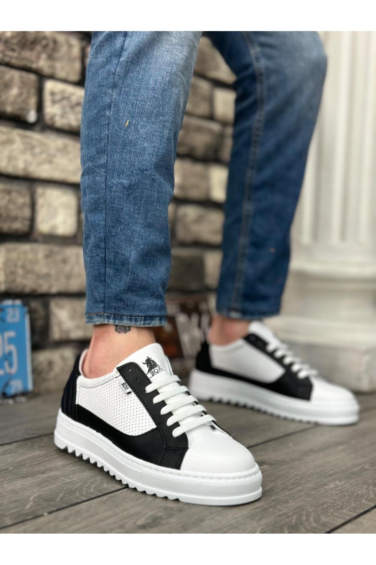Byshoes BA0323 BOA Kalın Tırtık Yüksek Taban Beyaz Siyah Bağcıklı Spor Erkek Ayakkabı
