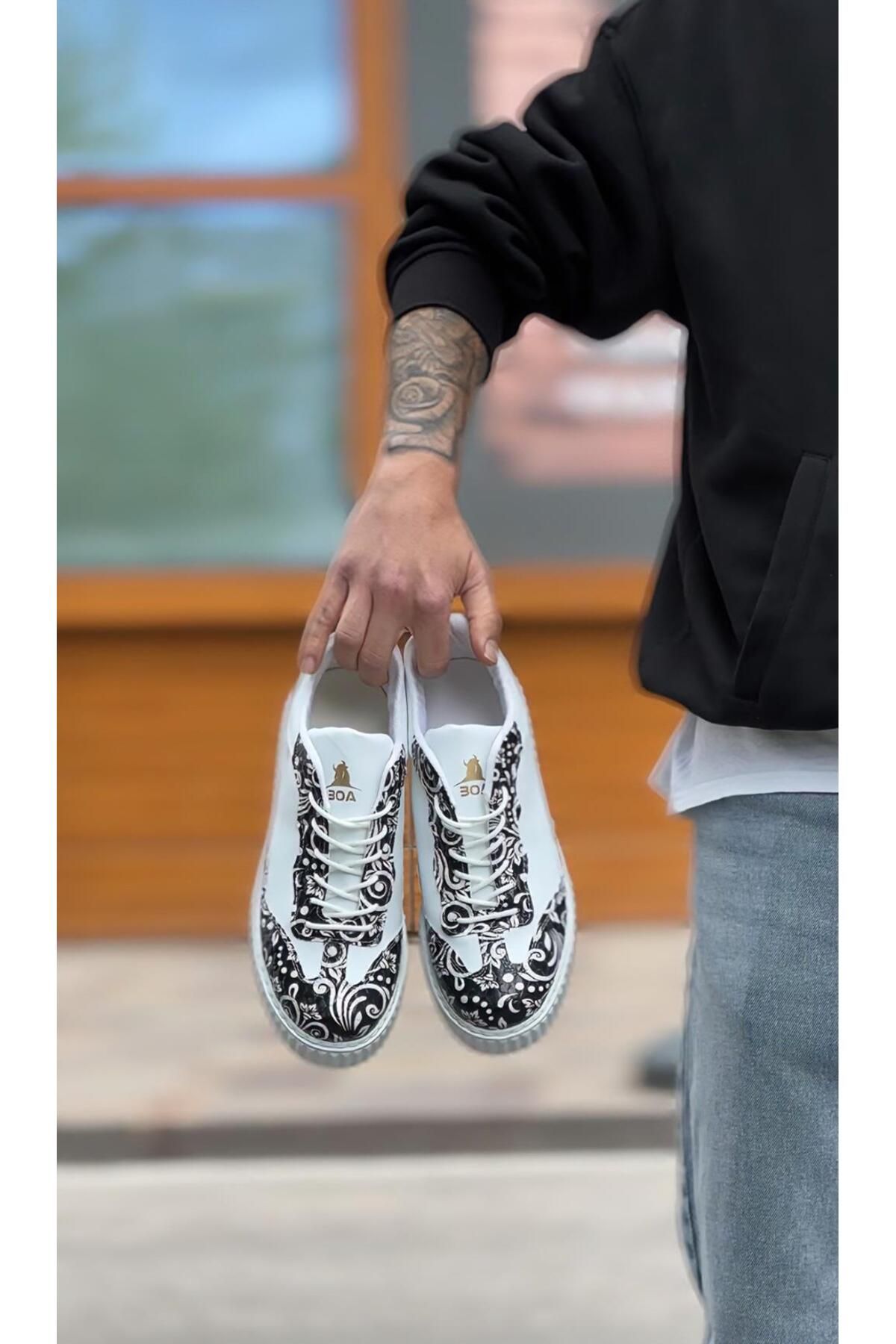 Byshoes BA0802 BOA Gotik Desenli Beyaz Yüksek Taban Erkek Günlük Ayakkabı