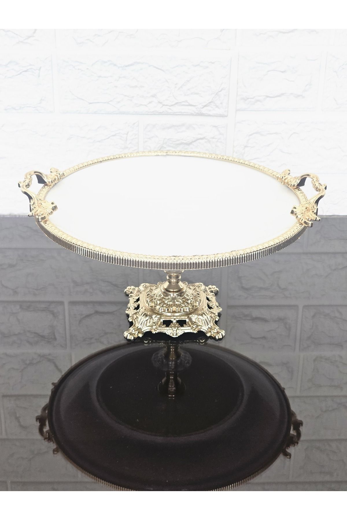 atabey home PORSELEN SADE YUVARLAK SERVİS TABAĞI-SUNUMLUK DÖKÜM GOLD ÇERÇEVE VE DÖKÜM AYAKLI 25 CM