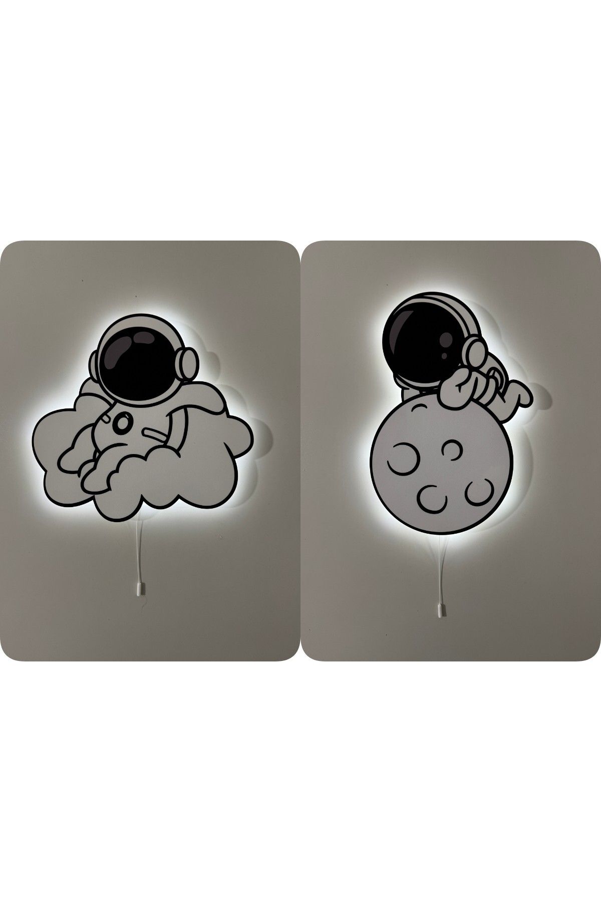 UViolets Dekoratif Ahşap Baskılı Doodle Çizimli Dünya Tutan Astronotlar Çocuk Odası Gece Lambası (2'Lİ ÜRÜN)