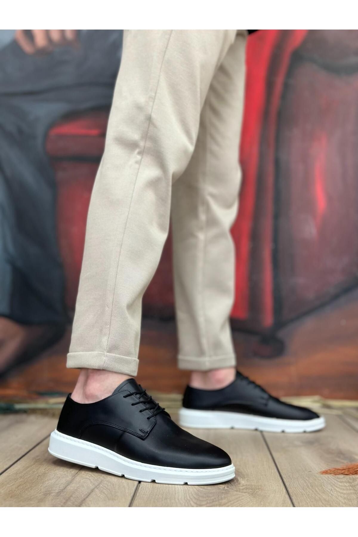 Byshoes BA0003 Bağcıklı Klasik Siyah Beyaz Yüksek Taban Casual Erkek Ayakkabı