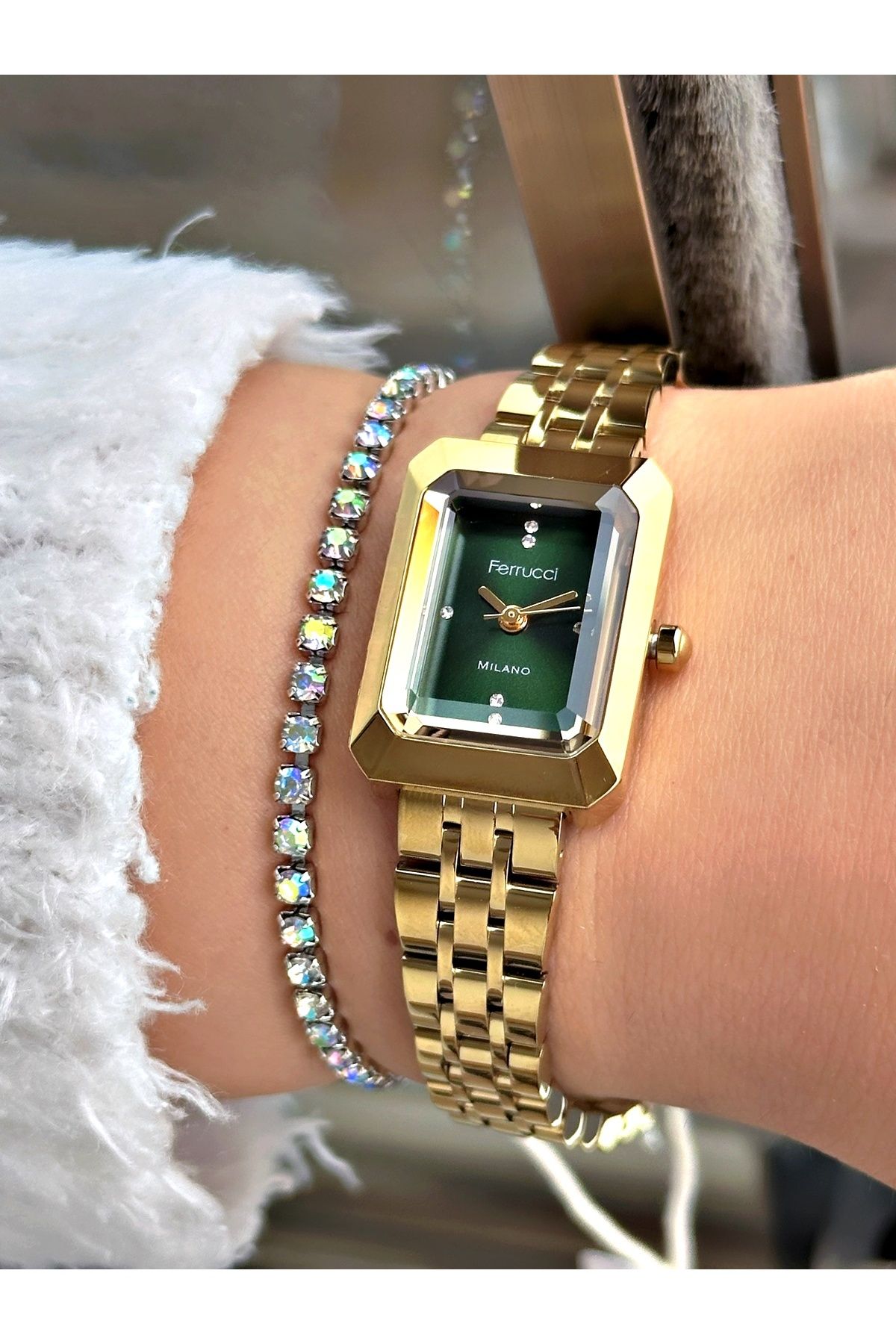 Ferrucci Altın Kare Minimal Model Sade Kadın Kol Saati + BİLEKLİK
