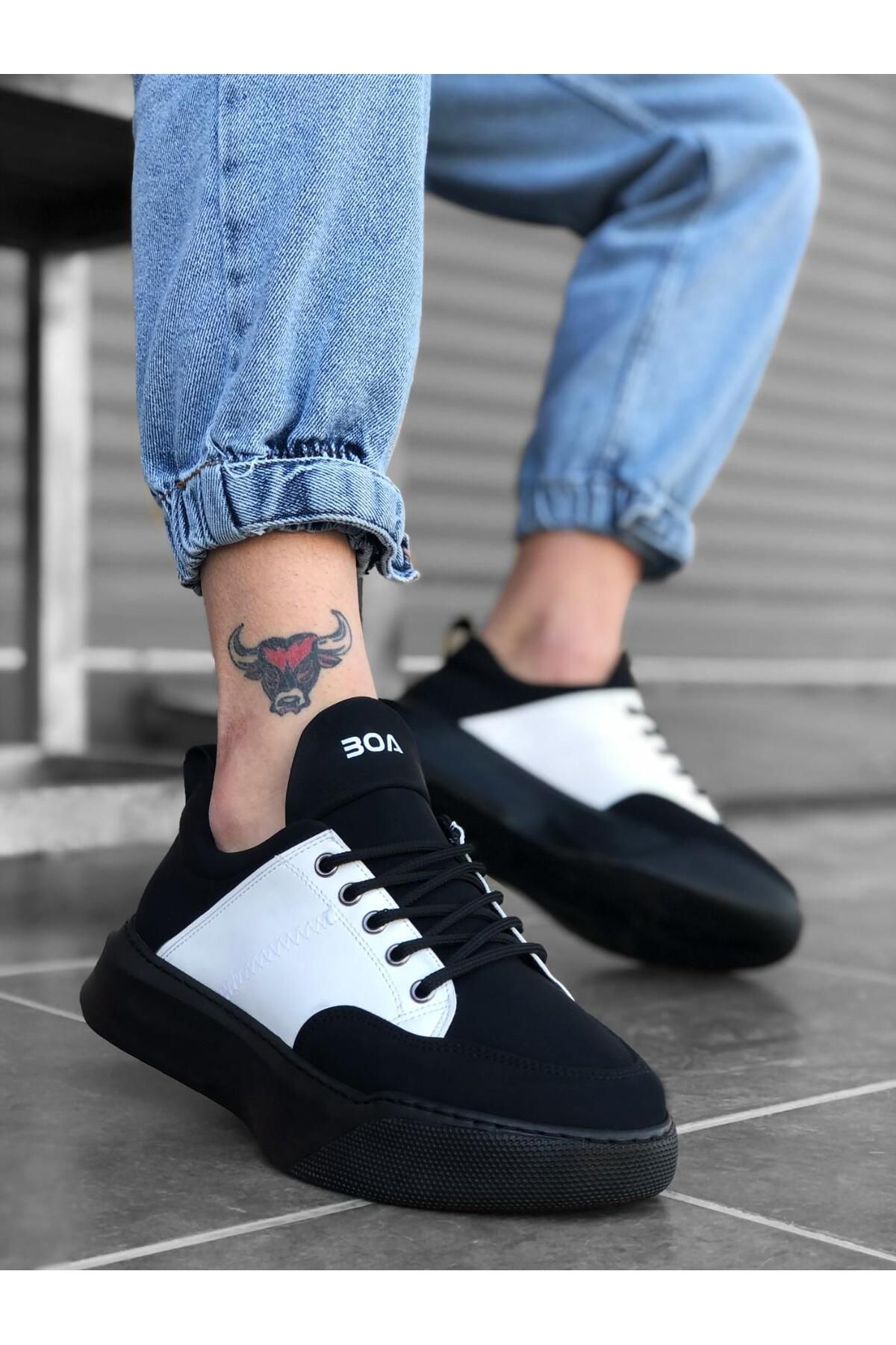 Byshoes BA0163 Bağcıklı Erkek Yüksek Taban Siyah Beyaz Spor Ayakkabı