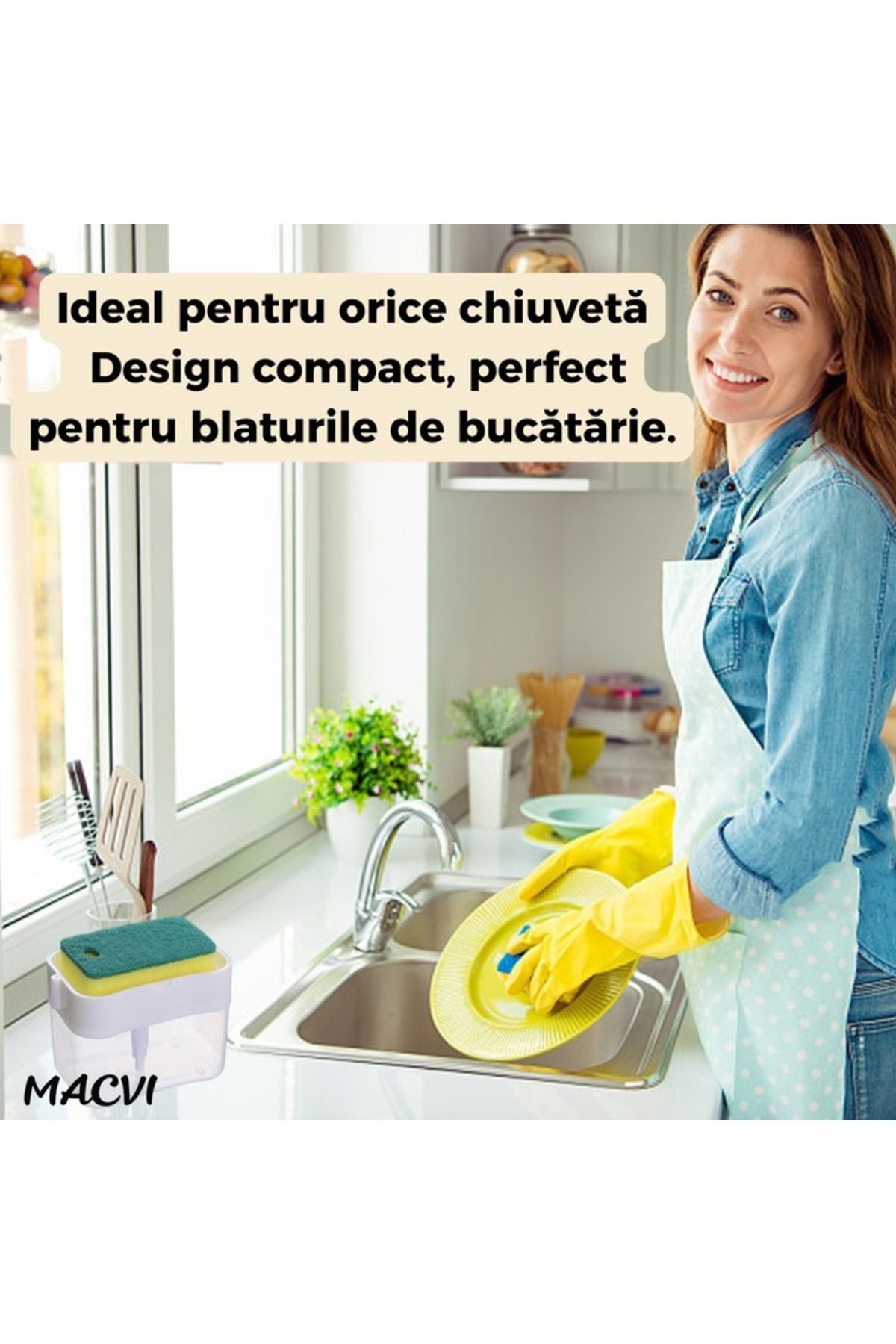 MACVI-Macvi® detergent dispenser 380 ml, sponge holder, push-button operation, detergent saving 5