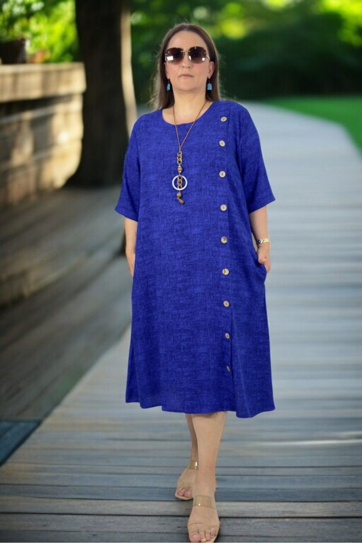 yagmurberen-Side Boydan Wood Button Detail Brieve Sleeve with Pocket Intermediate Length Plus Size Cotton Viscose Dress 6