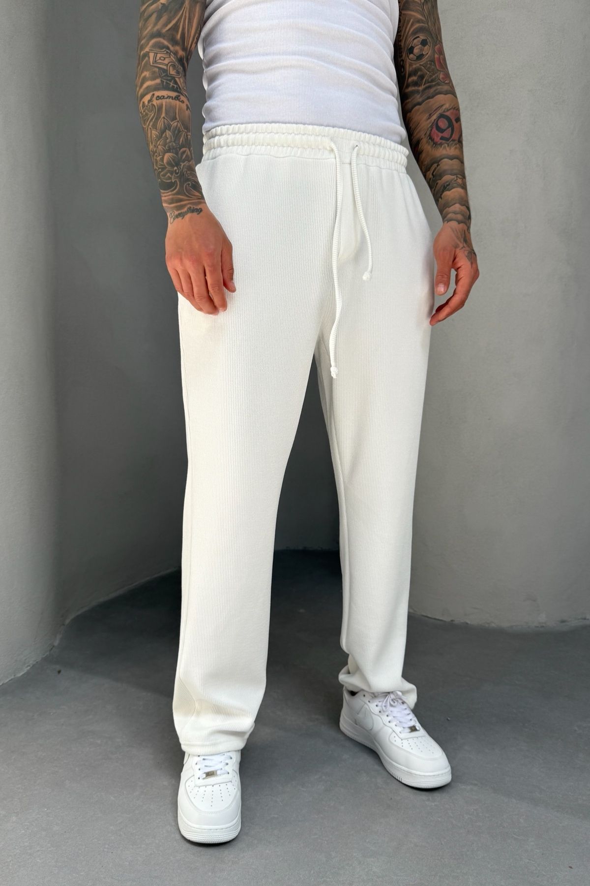MADZEYMODA Baggy Bol Kalıp Likralı Erkek Fitilli Beyaz Jogger KE-5071