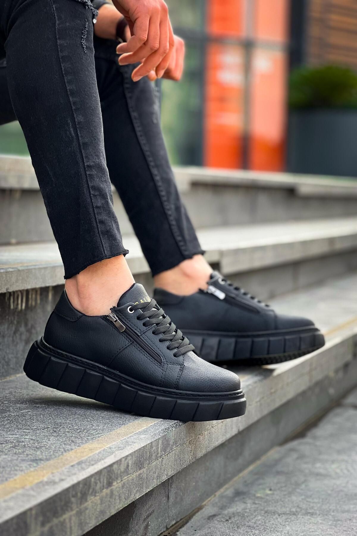 Byshoes KB-X155 Kuback Siyah Cilt Detaylı Siyah Yüksek Taban Günlük Spor Ayakkabı