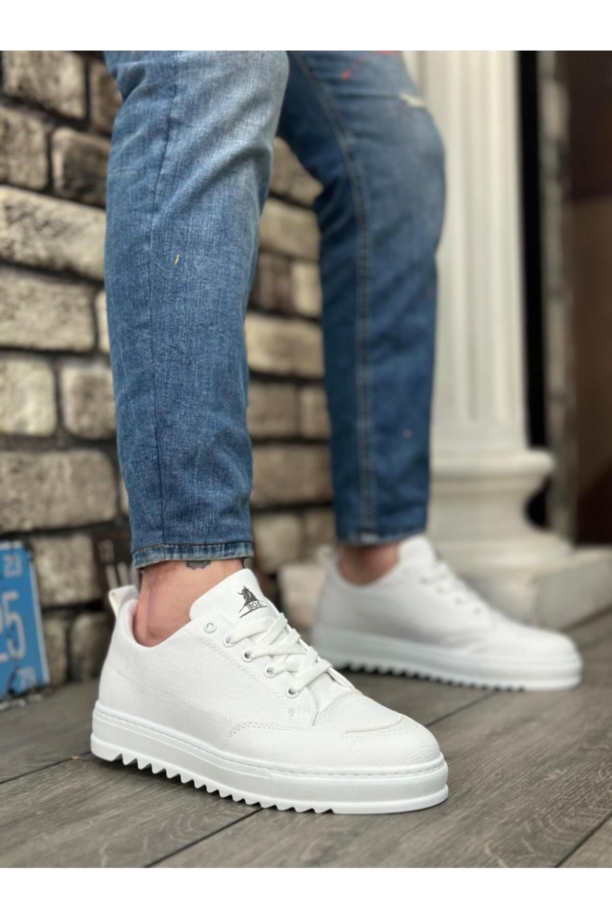 Byshoes BA0328 BOA Kalın Yüksek Taban Smile Desenli Beyaz Spor Erkek Ayakkabı